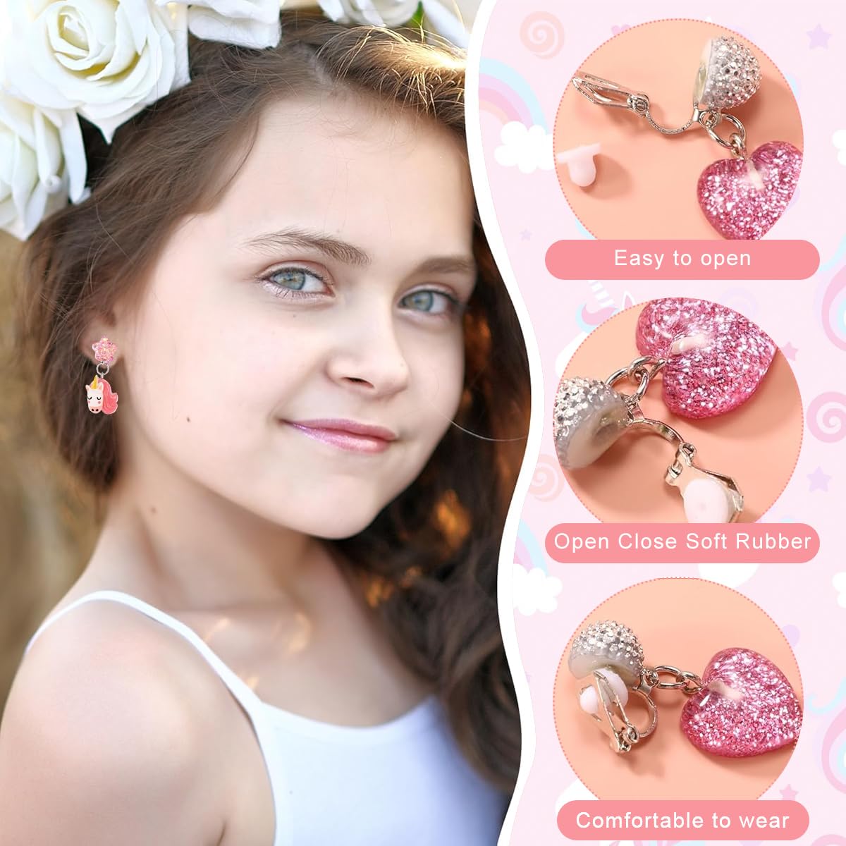 MAYCREATE Clip On Earrings for Girls featuring 6 Pairs Resin Unicorn Heart Designs | Non Pierced Jewelry Set