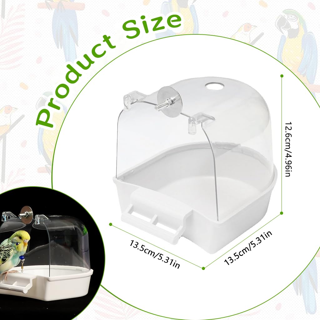 Qpets® Bird Bathing Box for Cage Clip On Bird Bathing Bowl with Transparent Roof, Anti-Splash Bird Bathing Tub Plastic Bird Bathing Box for Cage with Water Inlet Hole (14 * 14 * 13CM)