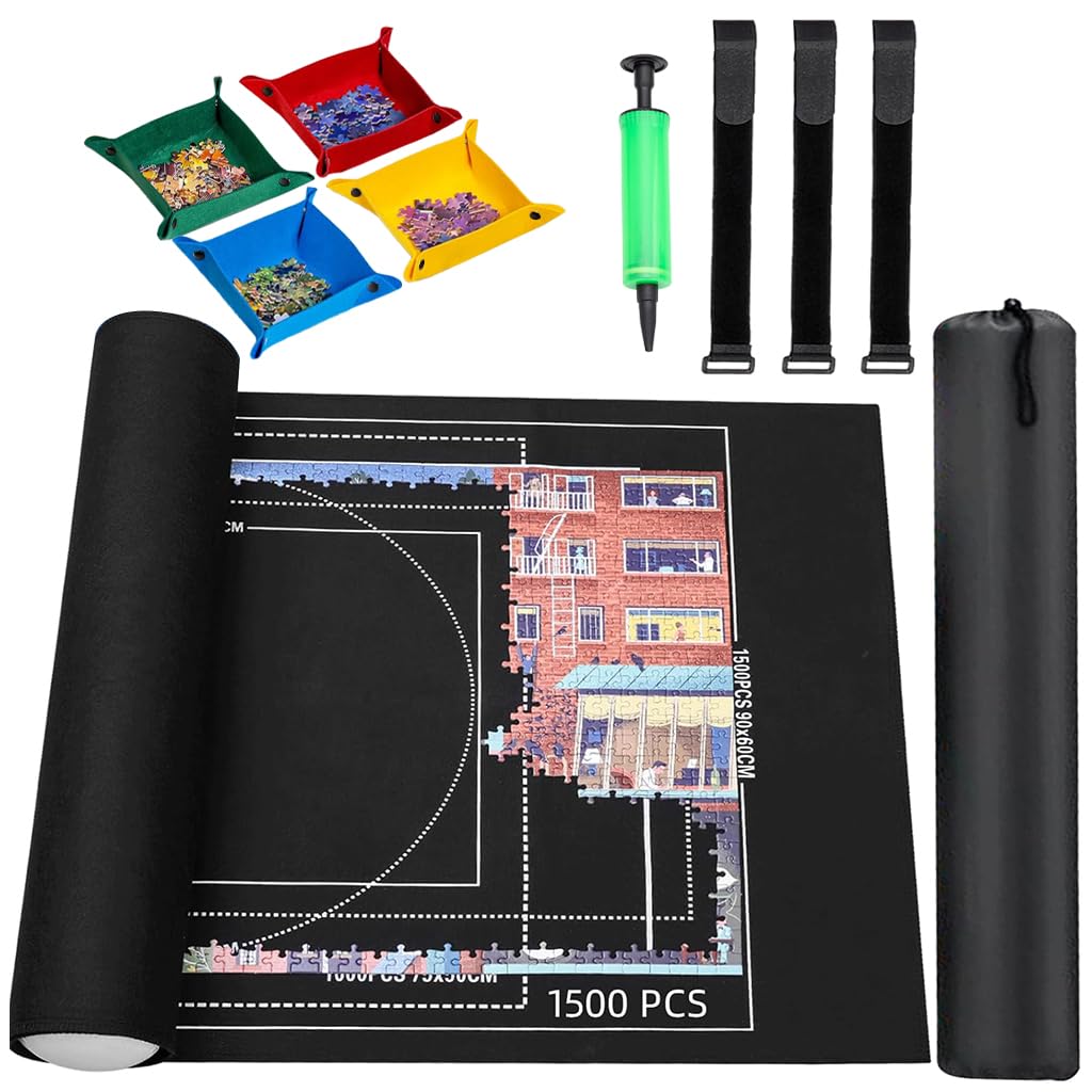 PATPAT Felt Puzzle Floor Mat for 1500 Piece Jigsaws with Air Pillar Pump and 4 Trays | 26x46 in Organizer Set