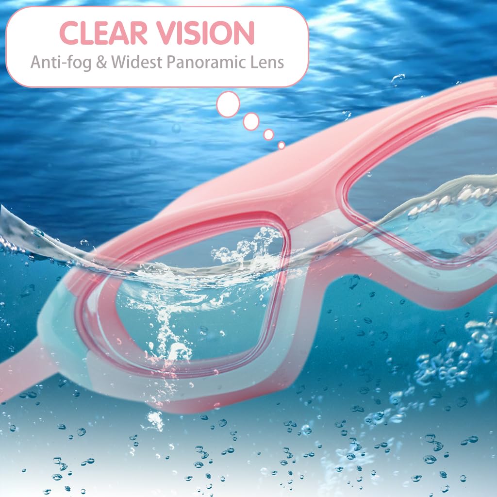 PROBEROS Swimming Goggles for Kids with Anti Fog UV lenses and Integrated Earplugs | Vibrant Pink Adjustable Strap