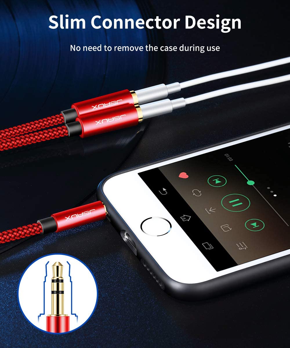JSAUX Headphone Splitter 3.5mm for Audio Sharing with Gold-Plated Connector and 0.9ft Cable | Red