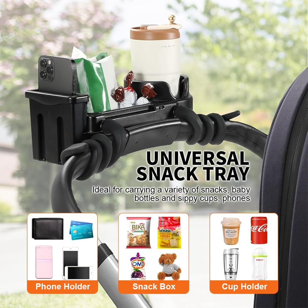ZIBUYU Universal Stroller Snack Tray with 3 in 1 Cup and Phone Holder | 29×12.8×10.6 cm Adjustable ABS Food Tray