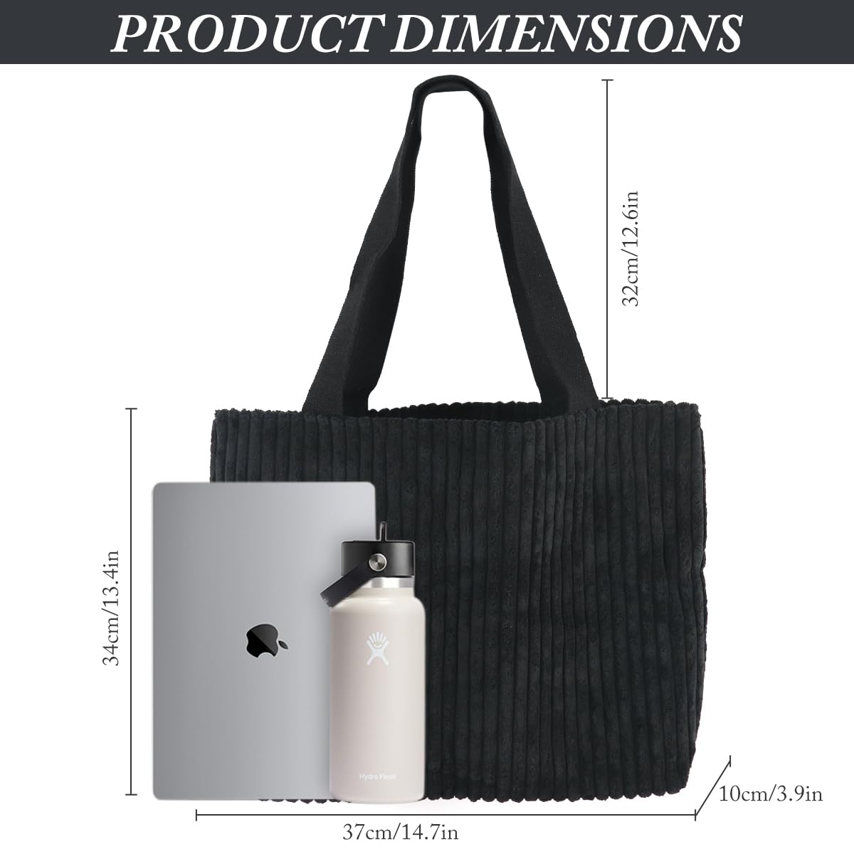 ZIBUYU Corduroy Tote Bag for Women featuring Zipper Closure and Nylon Straps, 37x10x34cm | Black Casual Shoulder Bag for Daily Use