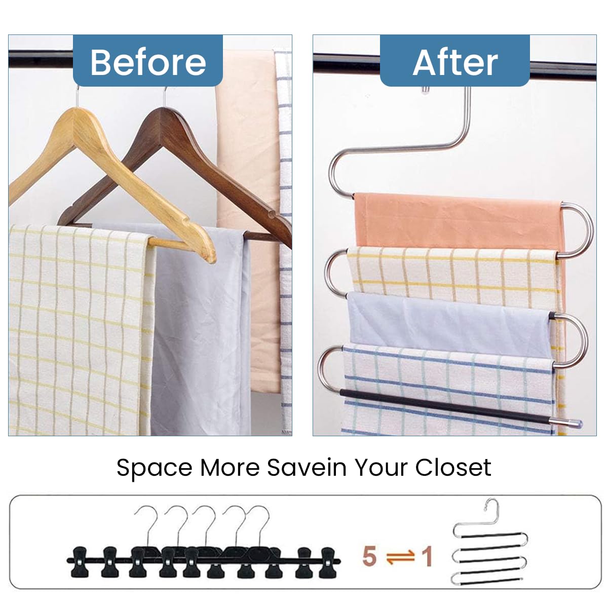 HASTHIP Wardrobe Hanger for Space Saving Clothes Organization with S Shape Design and Anti Slip PVC Sleeves | Holds up to 6 Garments Stainless Steel Set of 2