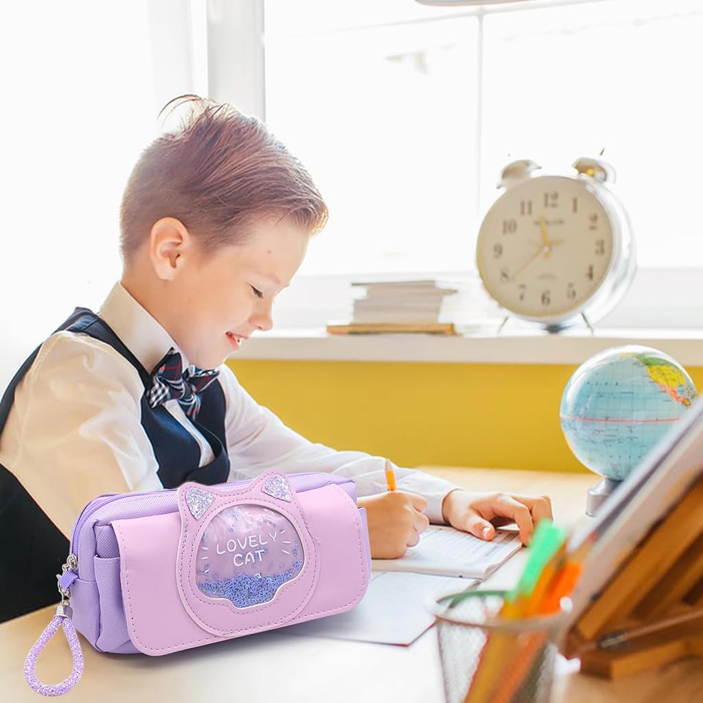 Zibuyu Cute Cat Kawaii Pencil Case for School with Quicksand Glitter and Handle | Purple PU Leather Organizer