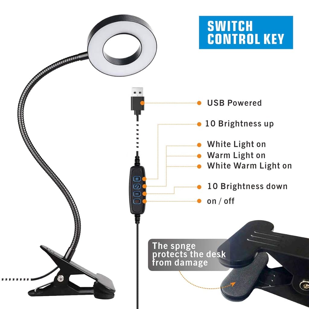 ELEPHANTBOAT® USB Desk Clip Light, 3-Color LED Reading Desk Lamp with 10 Brightness, Flexible Gooseneck Design, Multipurpose LED USB Ring Light for Reading, Crafting