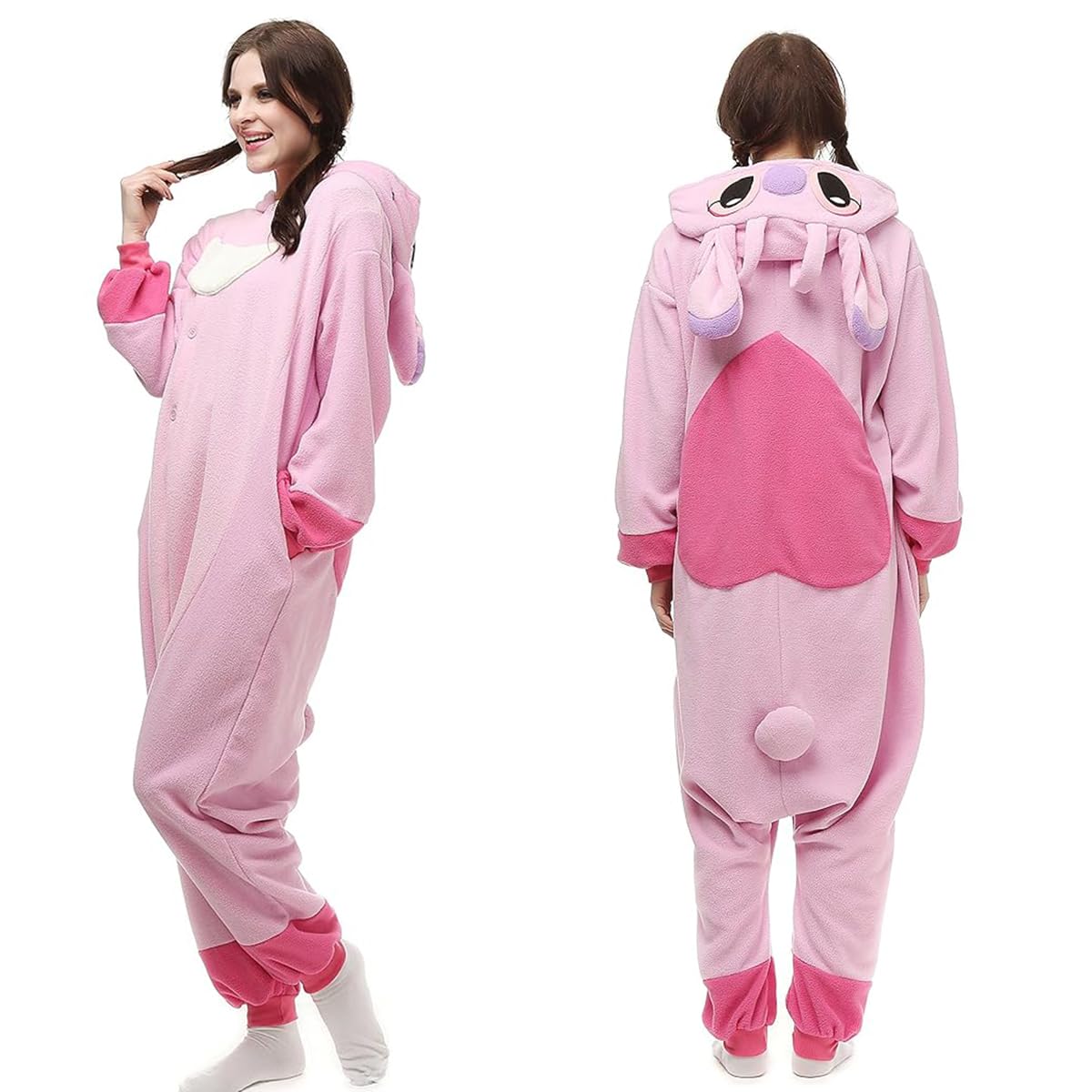 PALAY® Sleeping Pajamas for Teens & Adults Cute Stitch Flannel Sleeping Pajamas Stitch Cosplay Hoodie Pajamas Sleeping Pajamas Soft Plush Sleeping Pajamas for Sleepovers Pajamas Party, L, Pink