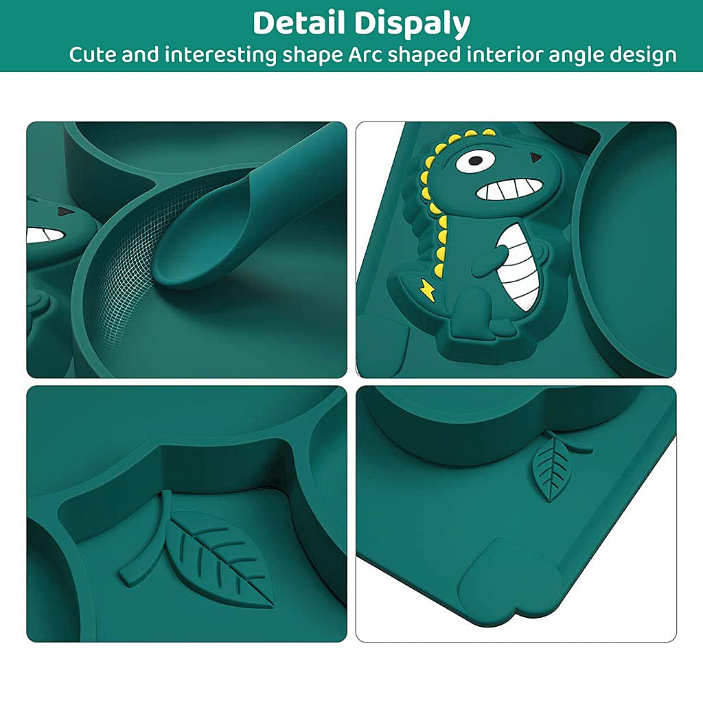 SNOWIE SOFT Baby Suction Plates for Feeding with 3 Divided Deep Sections and Cute Dinosaur Design | BPA Free Silicone Mat for Toddlers