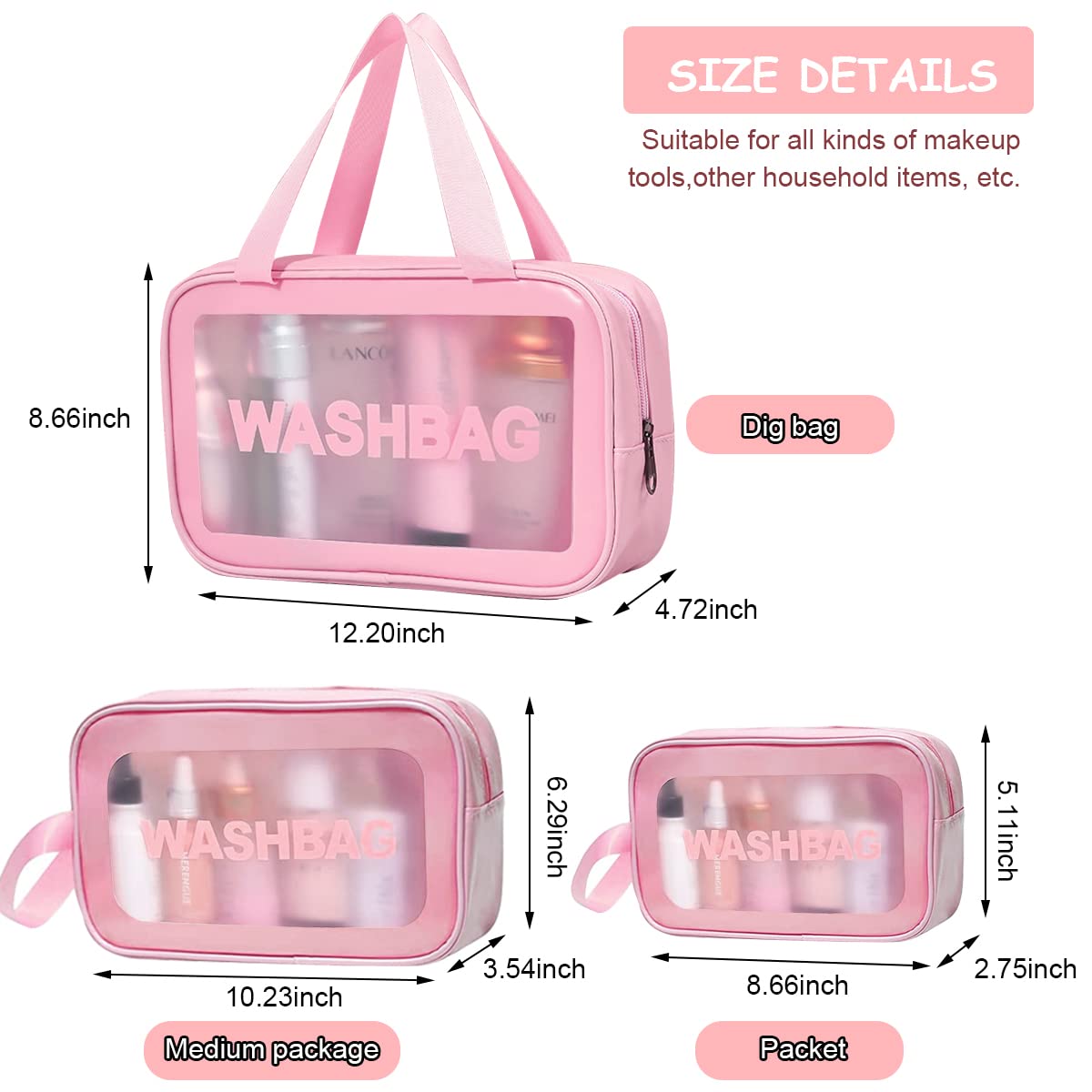 MAYCREATE Makeup Pouch Set for Travel with Reinforced Handle and Waterproof Design | 3 Pcs Pink Toiletry Organizer