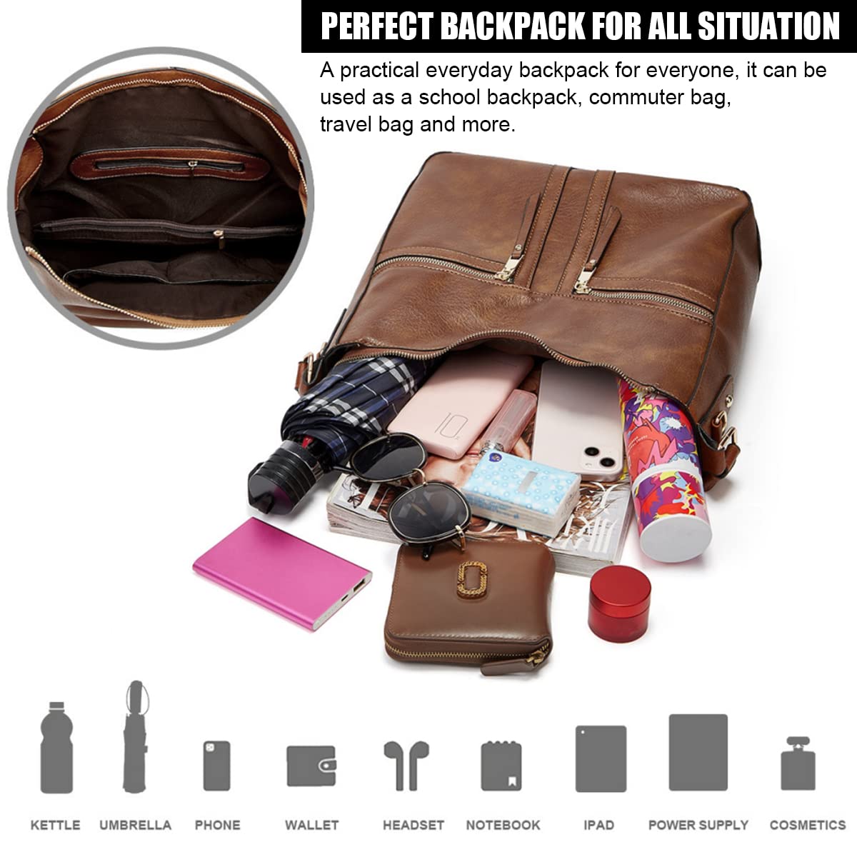 PALAY Tote Bags for Women 3 Piece Set with Multi Pocket Design in Vintage Brown PU | Commuter and Gift Use