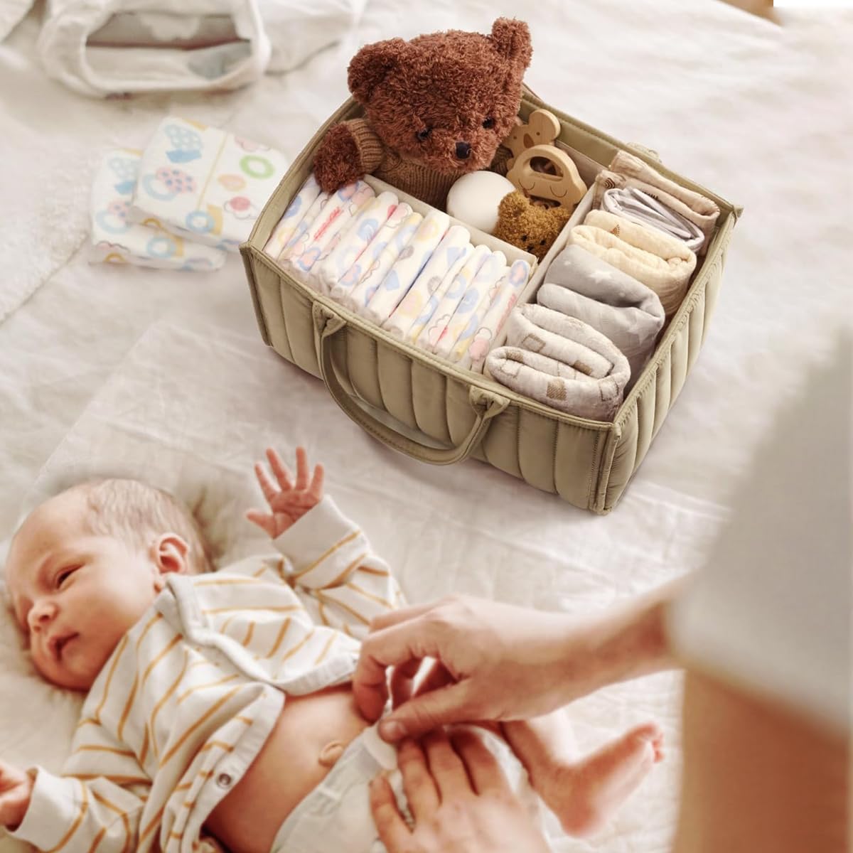 SNOWIE SOFT Baby Diaper Caddy with 3 Compartments 38x25x17cm in Beige for Nursery Organization