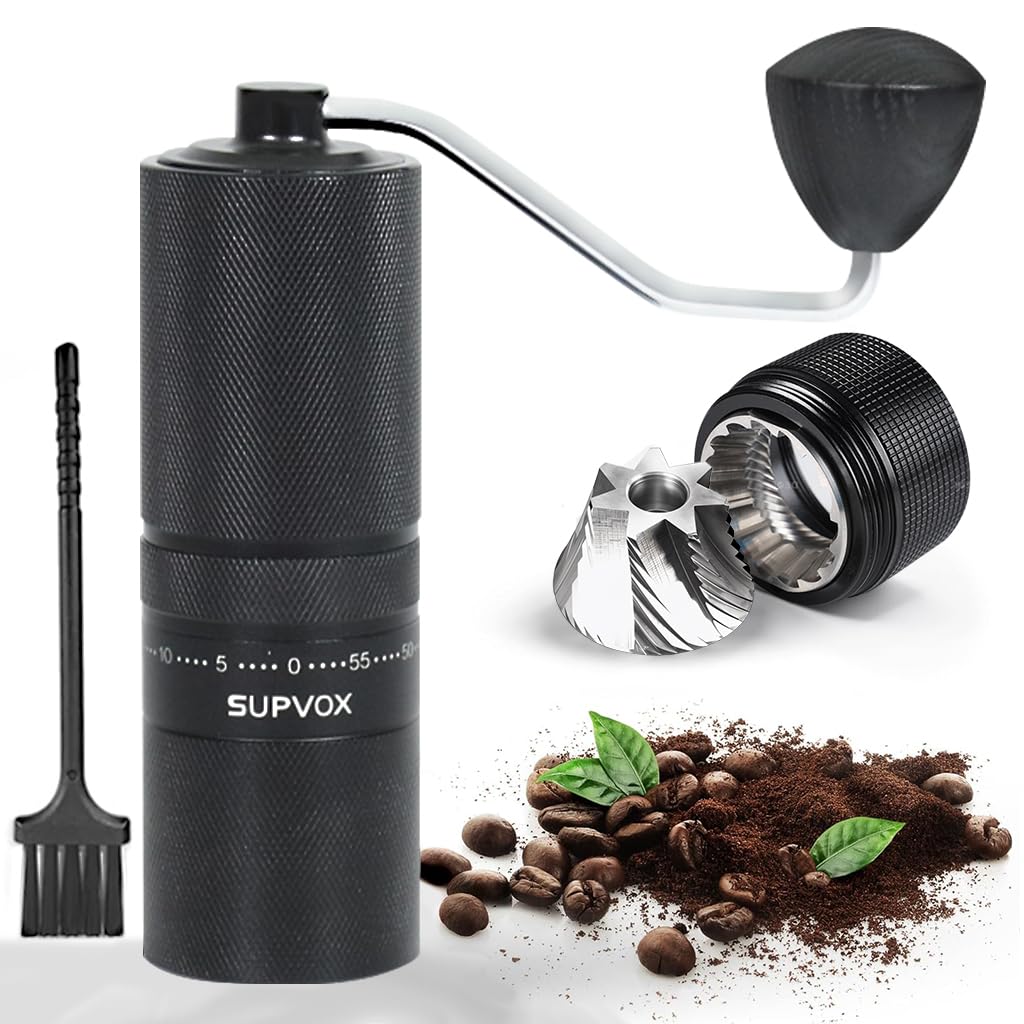 Supvox Hand Coffee Grinder for Travel with 25g Capacity CNC Steel Burr and Wooden Handle
