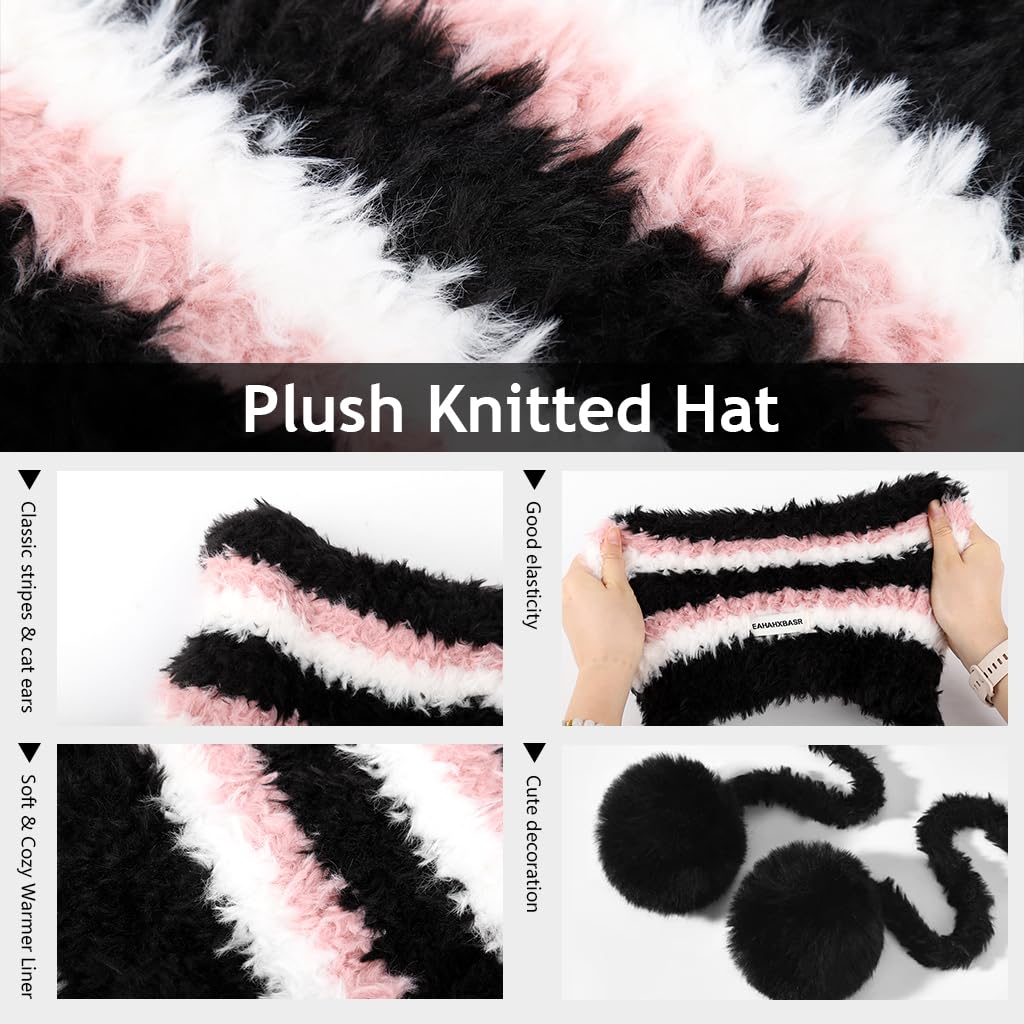 SANNIDHI Winter Cap for Women featuring Cat Ear Plush Knit Design and Pom Pom | Pink and Black Striped Beanie