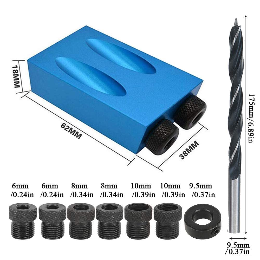 Supvox® 14Pcs Angle Tool Carpentry Locator, 15 °Oblique Drilling Locator Drilling Hole Guide with 6/8/10mm Drill Bits Drill Jig Joinery Kit Carpenters (Aluminum Alloy)