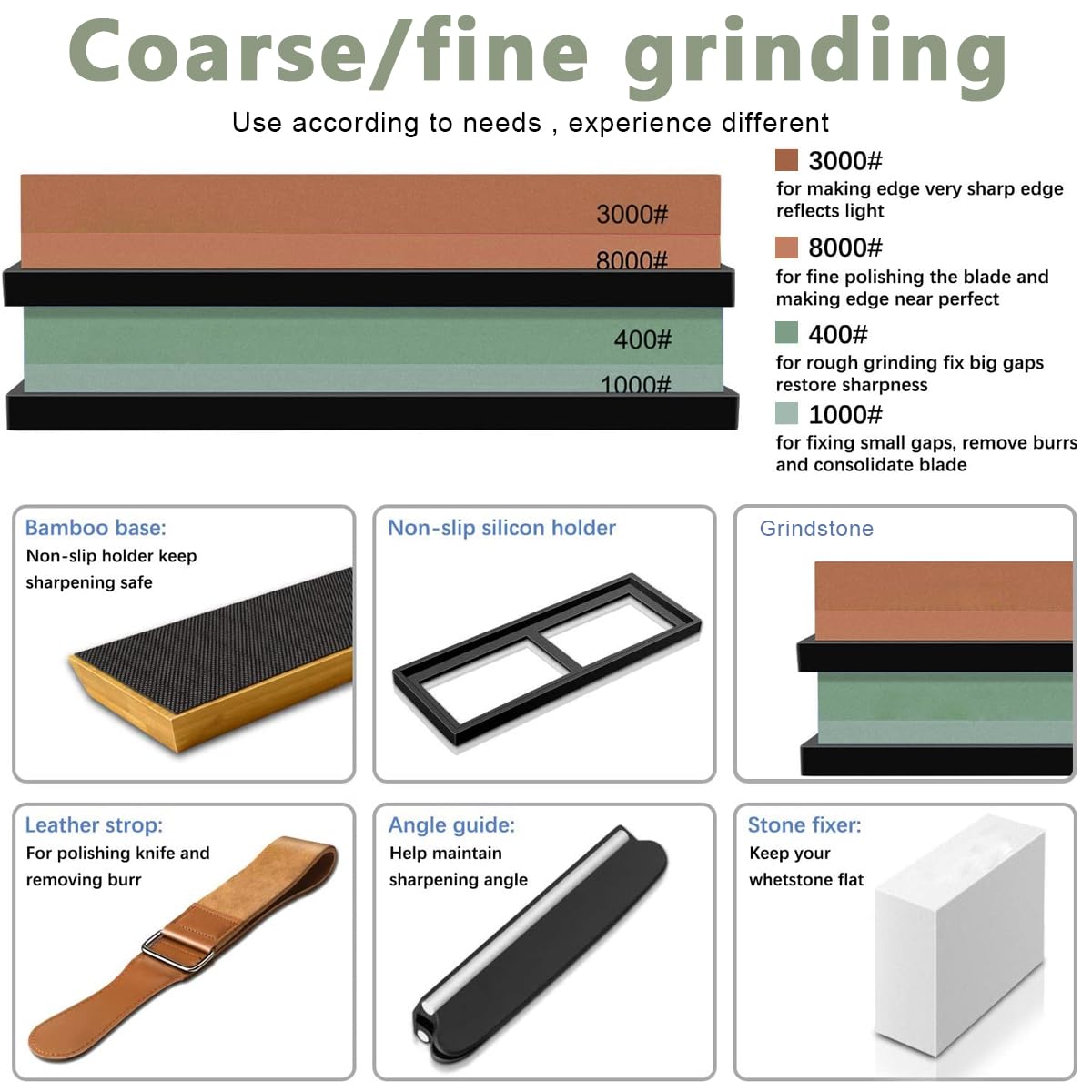 HASTHIP Knife Sharpeners for Kitchen with 400/1000 and 3000/8000 Grit Stones featuring Non Slip Bamboo Base and Leather Strop | Ideal for Chefs