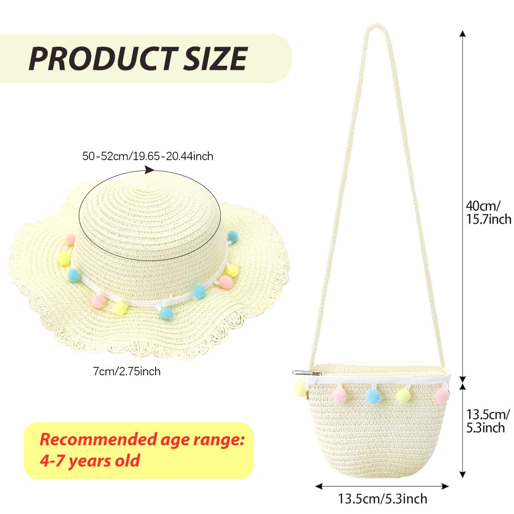 PALAY® Straw Hat and Small Bag Set, Summer Sun Hat Girls Children's Straw Hat with Woll Balls Decoration for Tourism Holiday Travel Beach Outdoor Activities