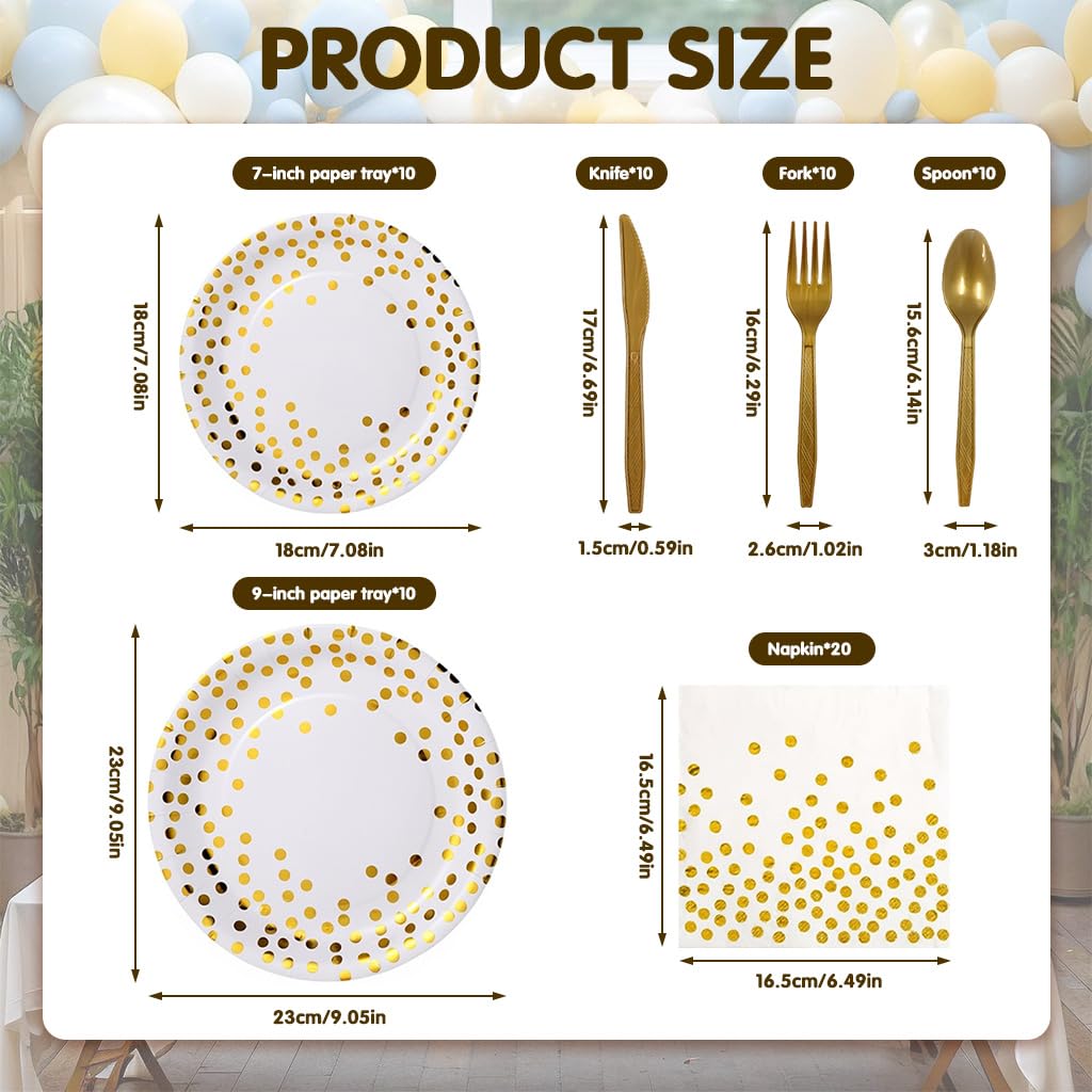 Supvox Party Dinnerware Kit for 10 with 7 and 9 in Golden Dotted Plates | 20 Tissues Included
