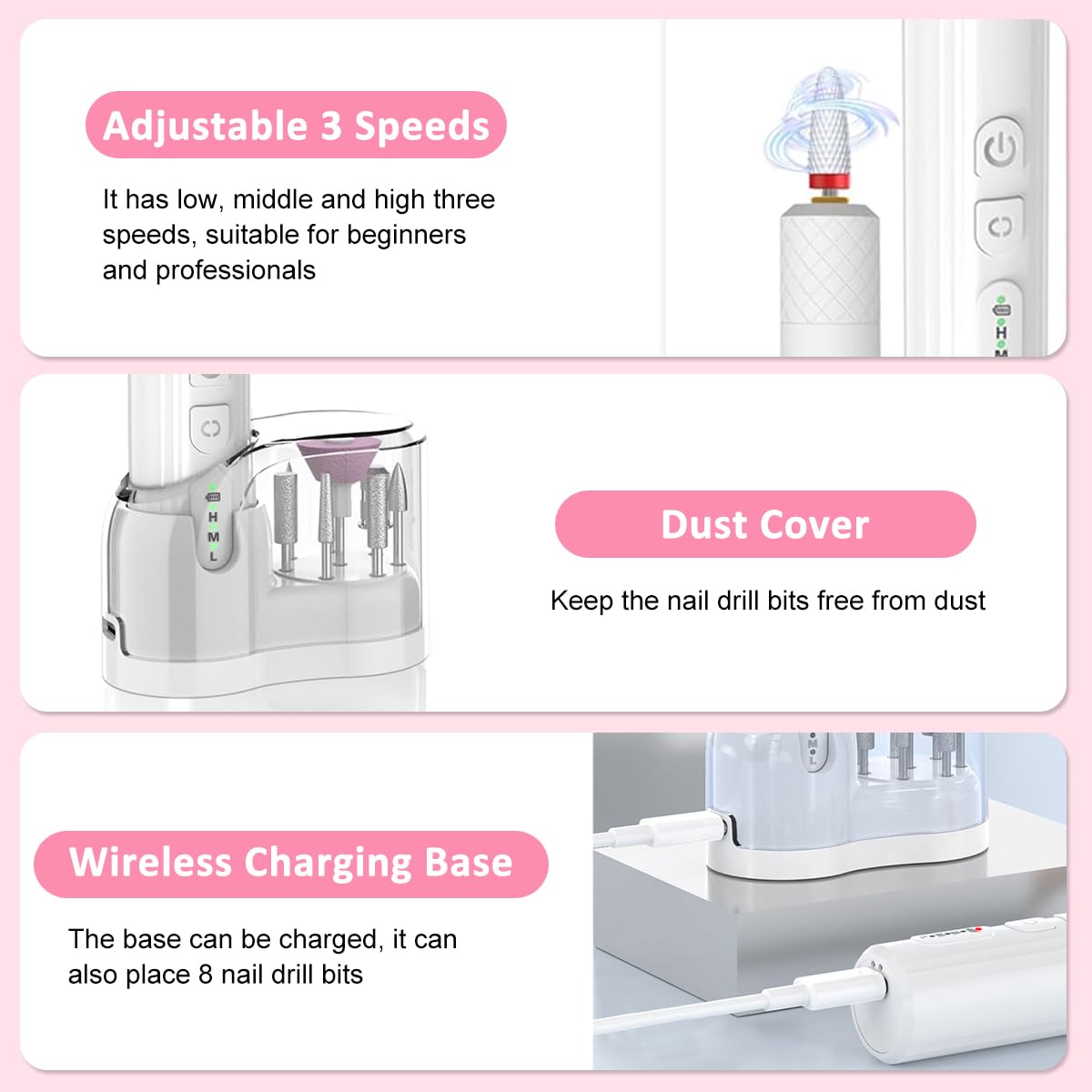 MAYCREATE® Nail Drill,Cordless Electric Files for Gel Nails Efile Manicure Kit Women Rechargeable Wireless Drill para Uñas Profesional Machine