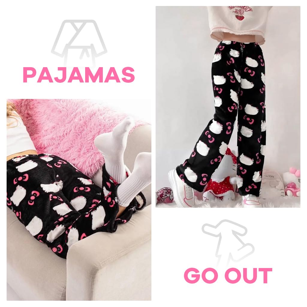 SANNIDHI Anime Pajama Pants for Women featuring Cartoon Cat Kawaii Print Flannel | 2XL Black