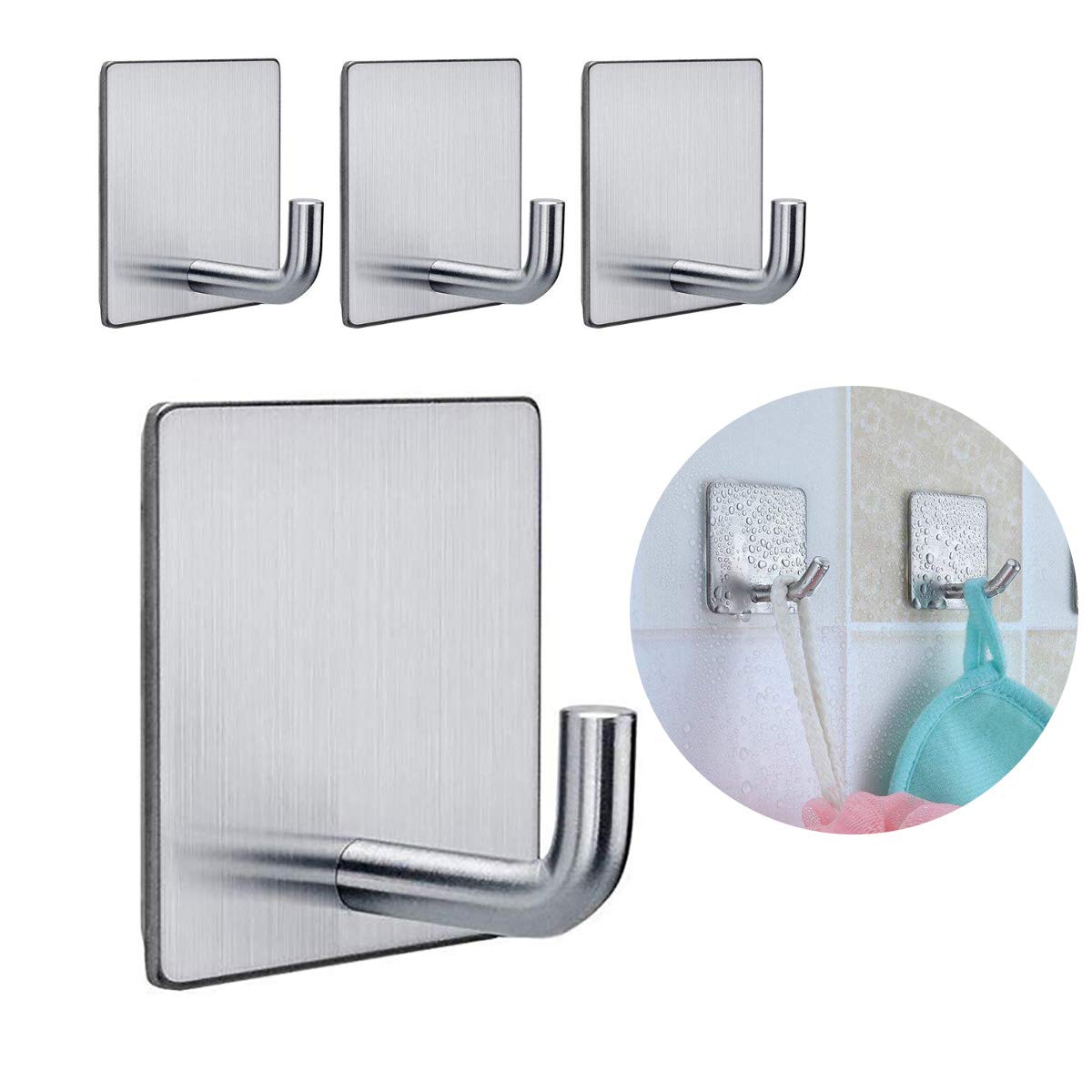 Supvox  Self Adhesive Hooks Heavy Duty Stainless Steel Waterproof Shower Stick on Hooks for Hanging Coat, Hat, Towel for Kitchens Bathrooms Offices No Drill Needed-Pack of 4