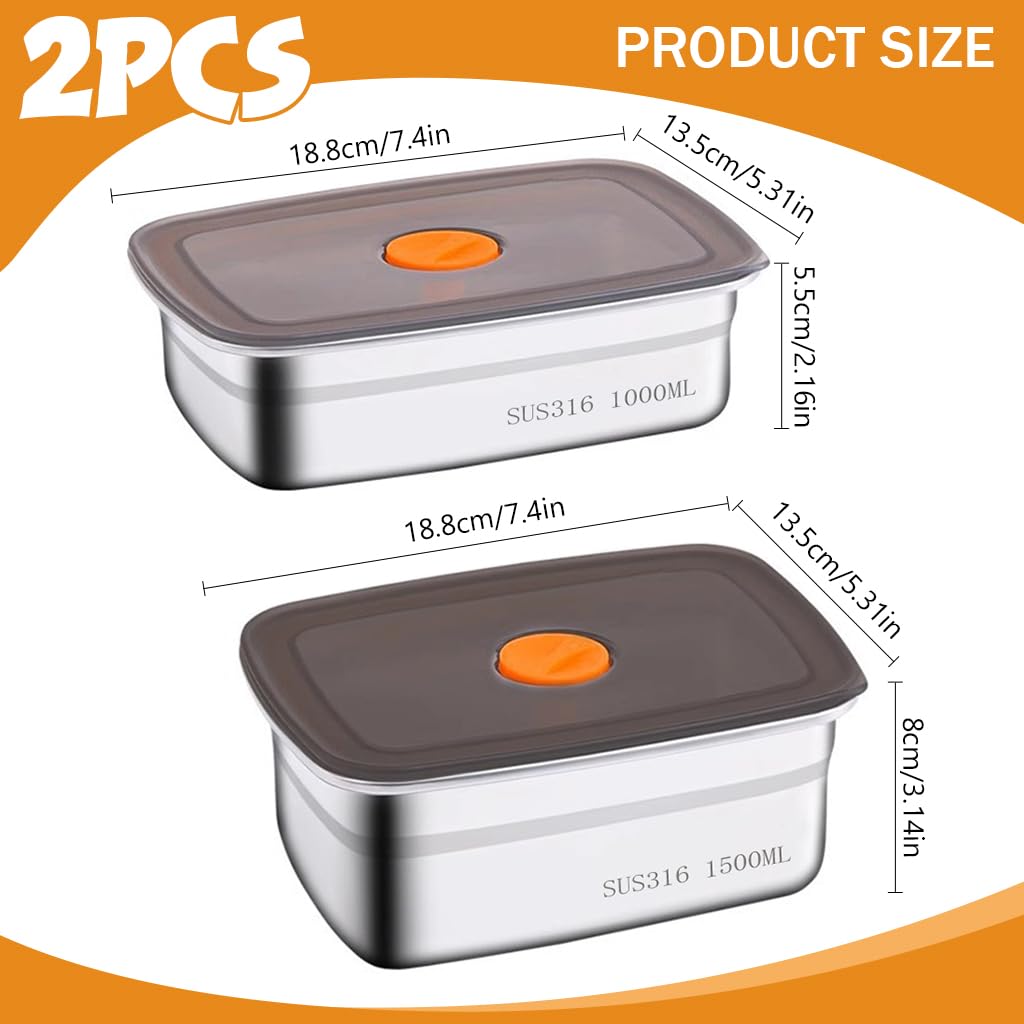 Supvox® 2Pcs Stainless Steel Kitchen Containers (1000ml & 1500ml) with Lid, Multipurpose Air Tight Food Storage Containers, Kitchen Organizer and Lunch Boxes for Meal Prep, Travel, Office, Picnics