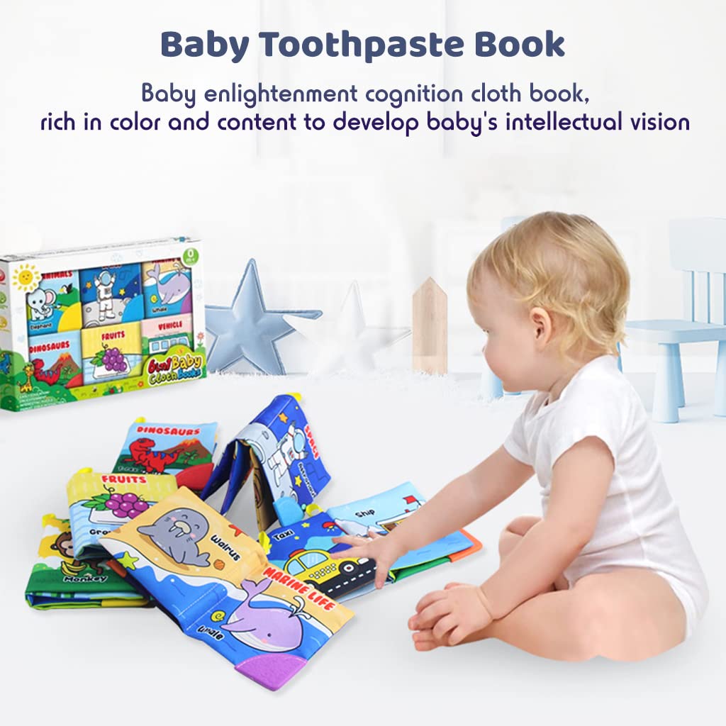 SNOWIE SOFT Baby Cloth Books Set for Early Learning with Silicone Teether | 6 Themes for 3–12 Months