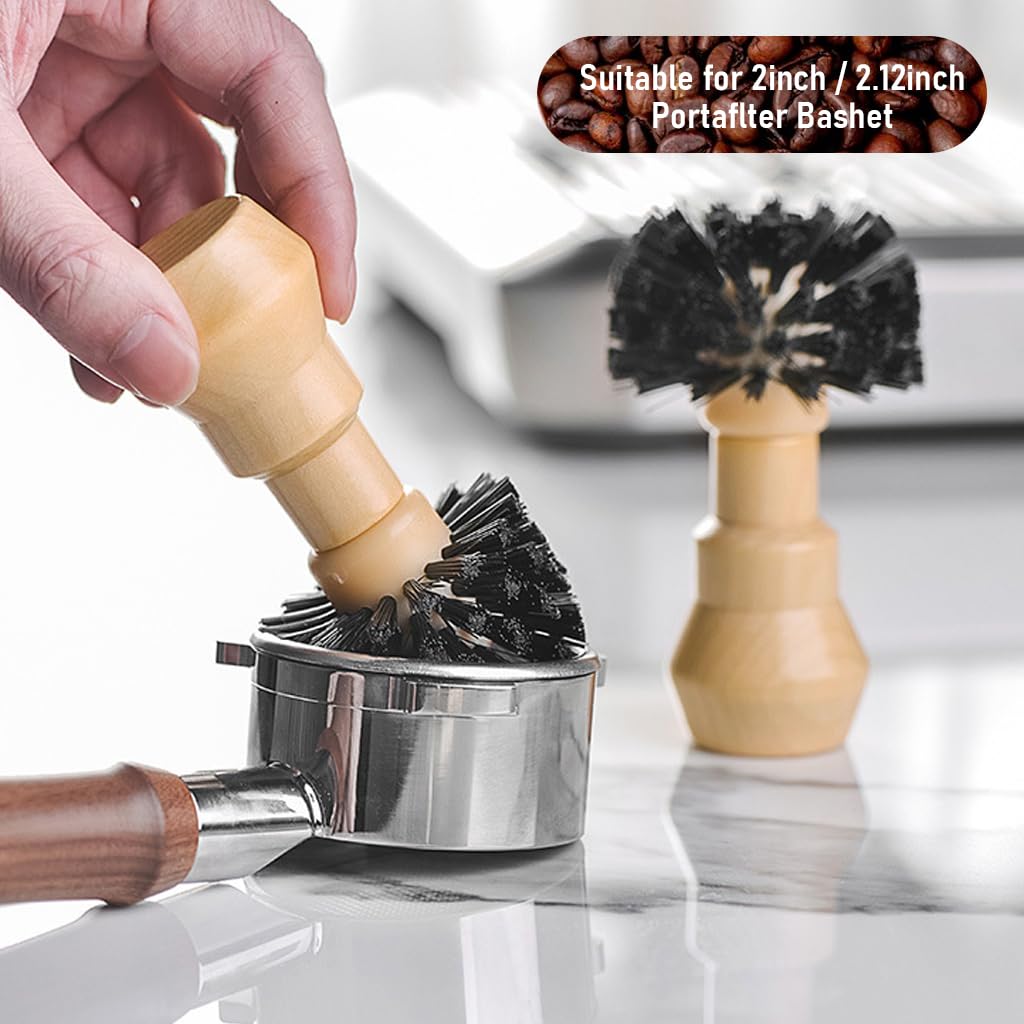 Supvox Portafilter Cleaning Brush for 51mm 54mm Baskets with 360 Degree Bristles and Wooden Handle
