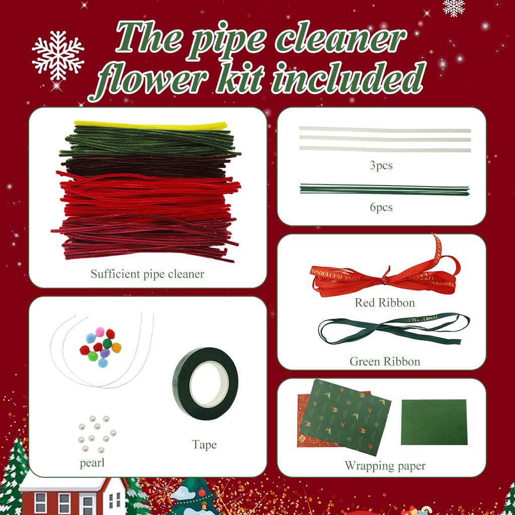 PATPAT DIY Christmas Bouquet Pipe Cleaners Material Kit Chenille Stems DIY Art Craft Kit Christmas Home Decor Multi Color Chenille Stems Art Craft Kit Chenille Stems DIY Art Craft Kit Christmas Gift