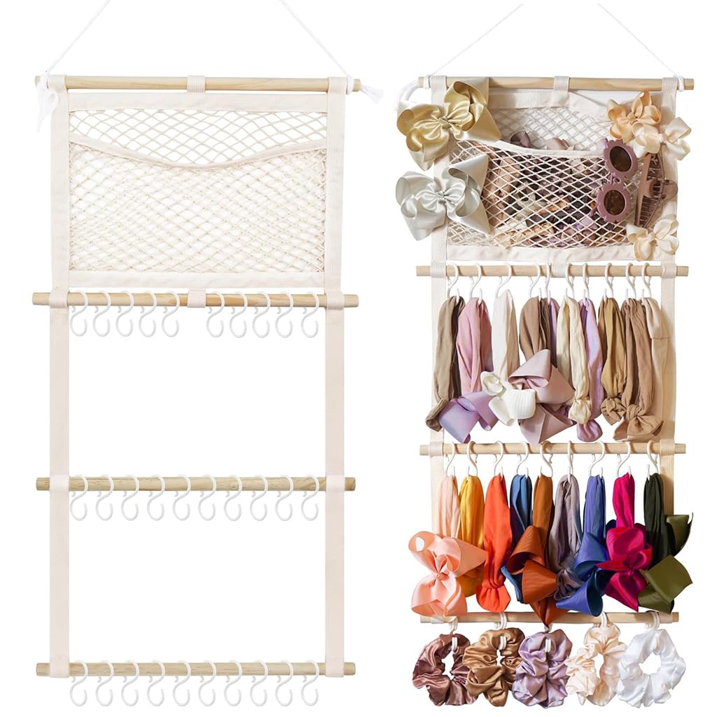 SNOWIE SOFT Wall Hanging Hair Accessories Organizer with 30 Hooks and Wooden Frame | Space-Saving Storage for Clips Headbands and Scarves