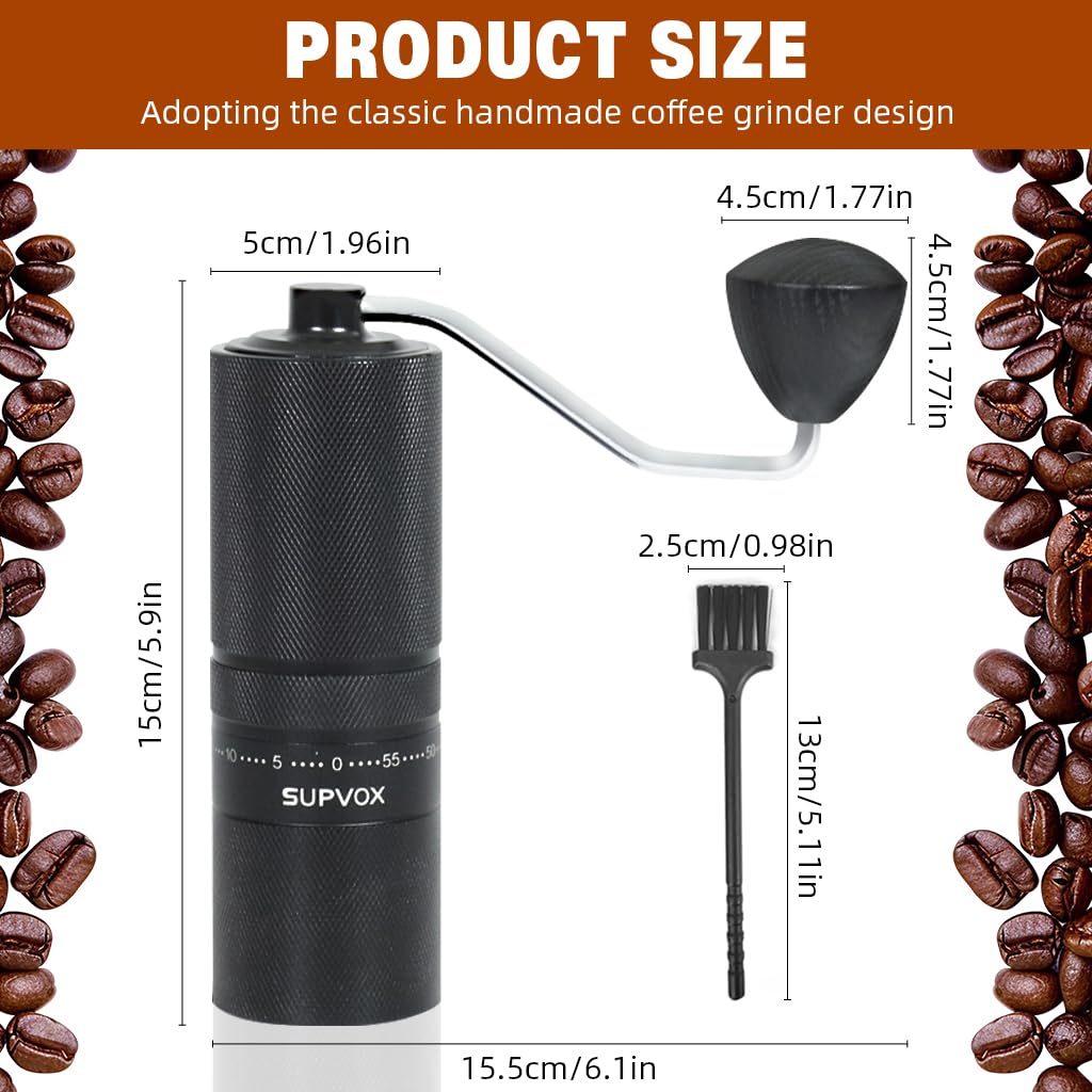 Supvox Hand Coffee Grinder for Travel with 25g Capacity CNC Steel Burr and Wooden Handle
