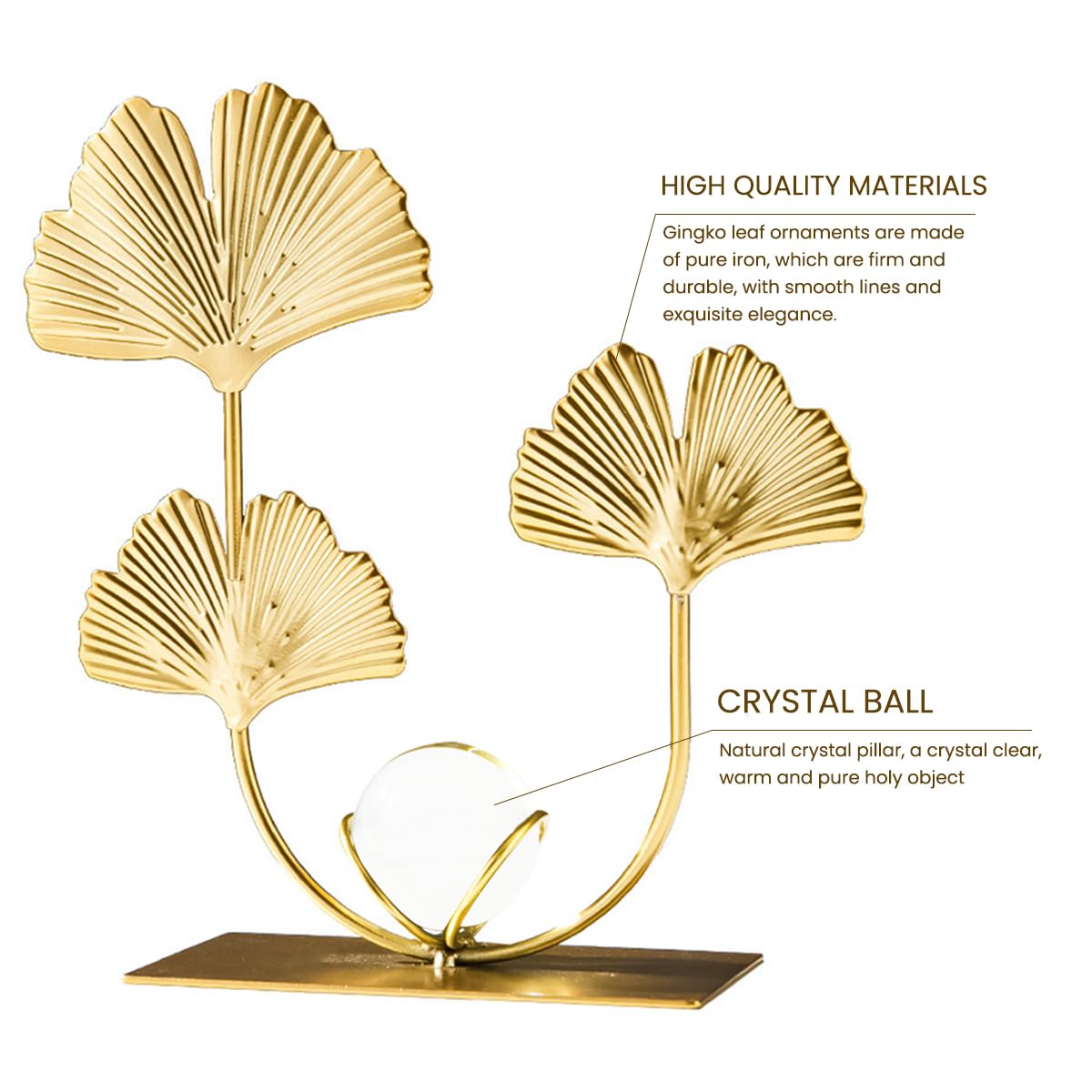 HASTHIP Golden Ginkgo Leaf Desk Decoration with Crystal Ball Centerpiece 12x6x18cm | Elegant Wrought Iron Home and Office Ornament