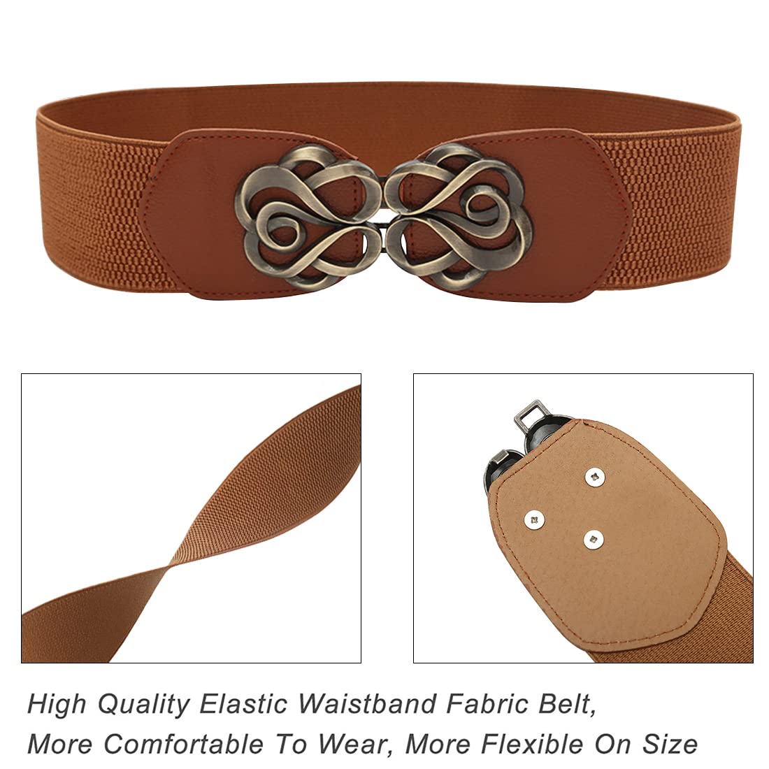 PALAY Women Stretchy Belt for Dresses and Blouses with Metal Interlocking Buckle 60cm Coffee Brown