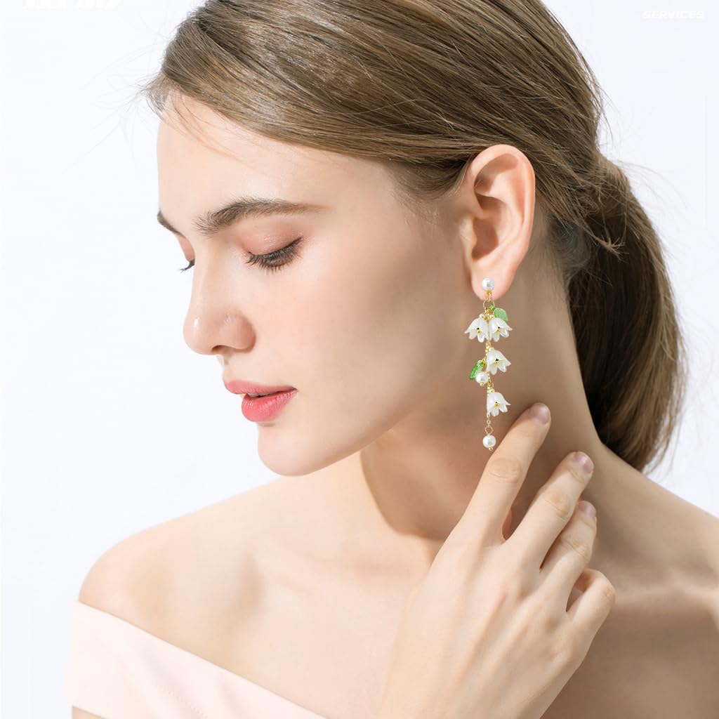 SANNIDHI Earrings for Women with White Lily of the Valley Pendant | Hypoallergenic 2PCS Set
