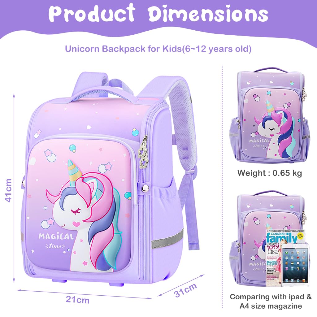 PALAY Unicorn Backpack for Girls featuring 31x21x42cm capacity with ergonomic padded straps | Purple waterproof school bag for kids 7–12