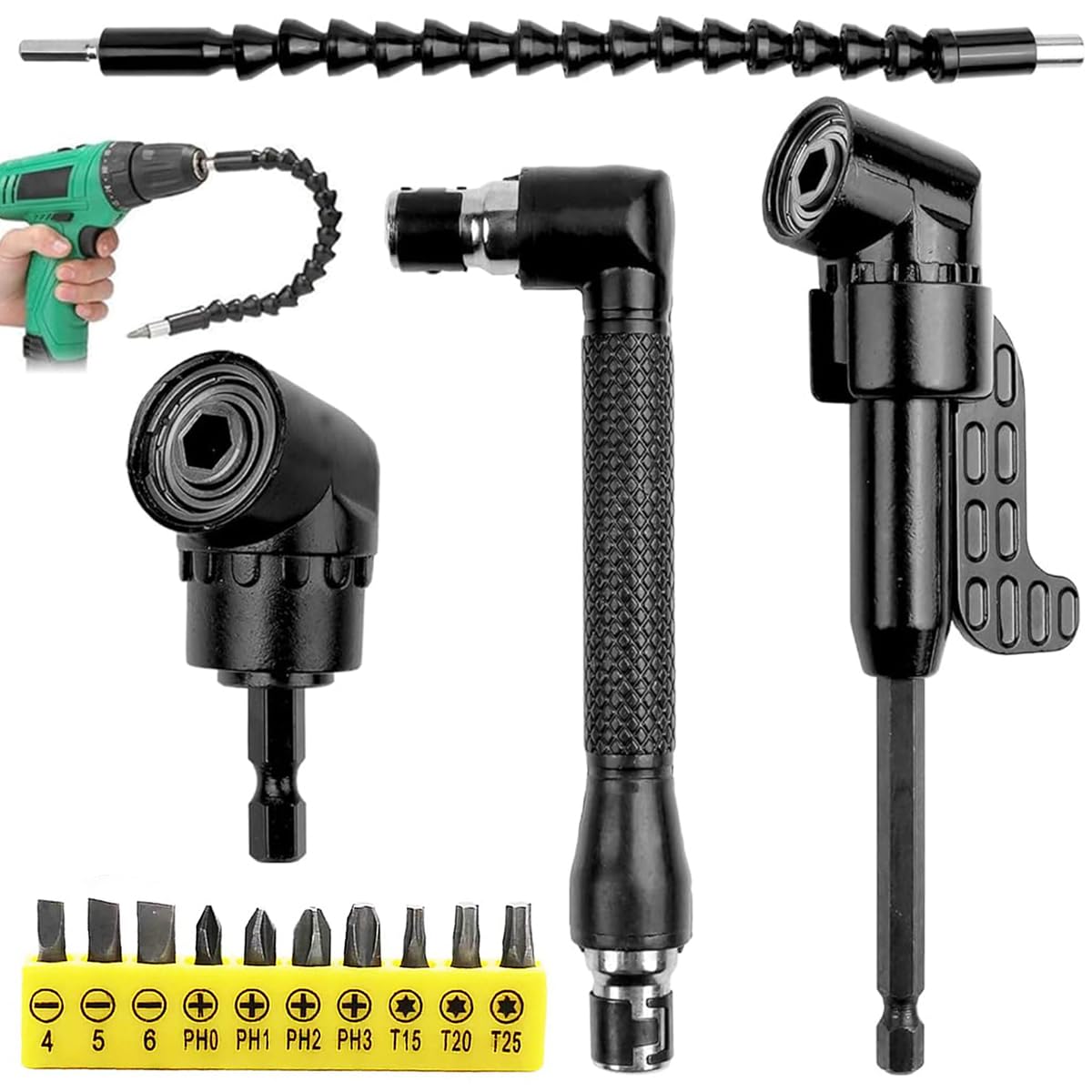 Serplex Flexible Drill Bit Extension Set with 14 pcs Accessories featuring 11.6 in Shaft | 90° and 105° Angled Attachments