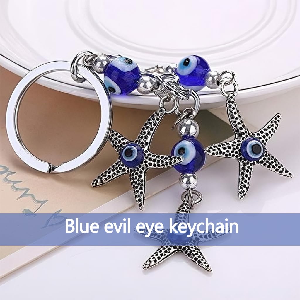 Zibuyu Creative Blue Evil Eye Keychain with Starfish Design Alloy and Colored Glass | Protective Charm for Keys Cars Bags and Home Decor