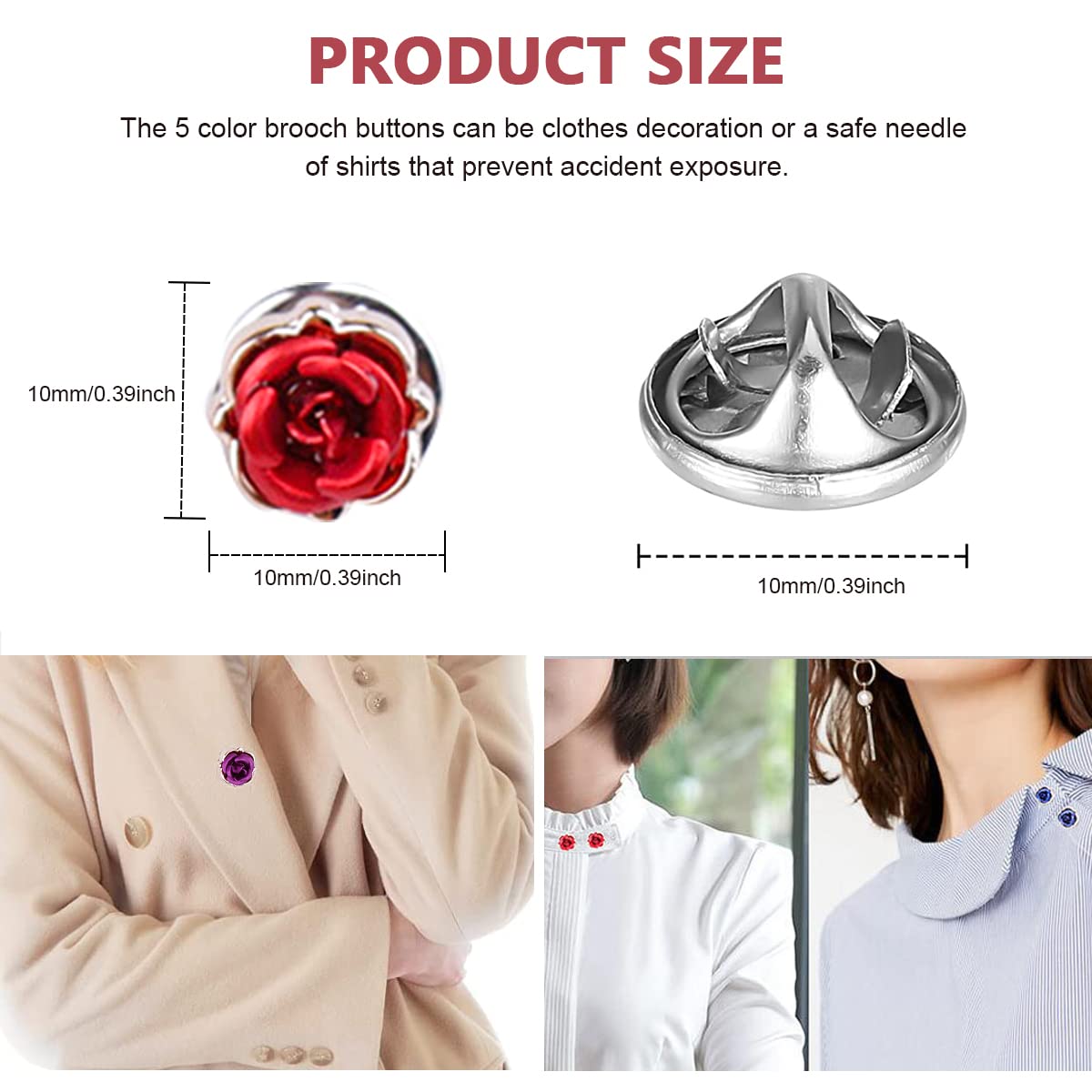 SANNIDHI 5 Pairs Women Shirt Brooch Buttons Rose Flower Cover Up Button Pins No Sew Lapel Pins, Metal Safety Sweater Shawl Clips Buttons for Coat Dress Clothes Decor (Removable, 5 Colors)