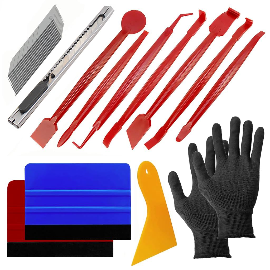 STHIRA® Car Window Film Tint Tool Kit, Vinyl Wraps Application and Removal Tool Kit with 2 Pairs Gloves, Felt Squeegee, Scraper, Edge Trimmer, and Retractable Cutter for Car Wrap, Window Tint, Decal