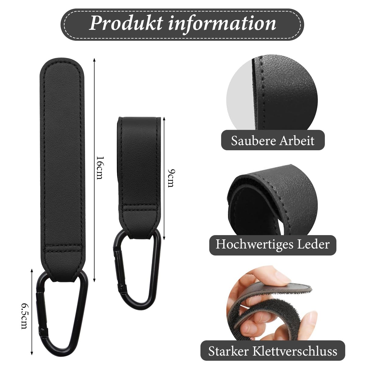 SNOWIE SOFT Stroller Hook 2pcs for Pram and Pushchair with PU Leather Strap and Carabiner | Black