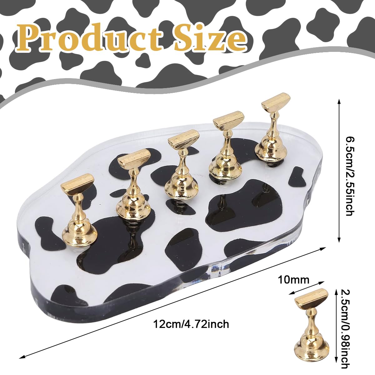 MAYCREATE Acrylic Nail Display Stand for Practice with Magnetic Holders and Cow Pattern Base | Ideal for DIY and Salon Use