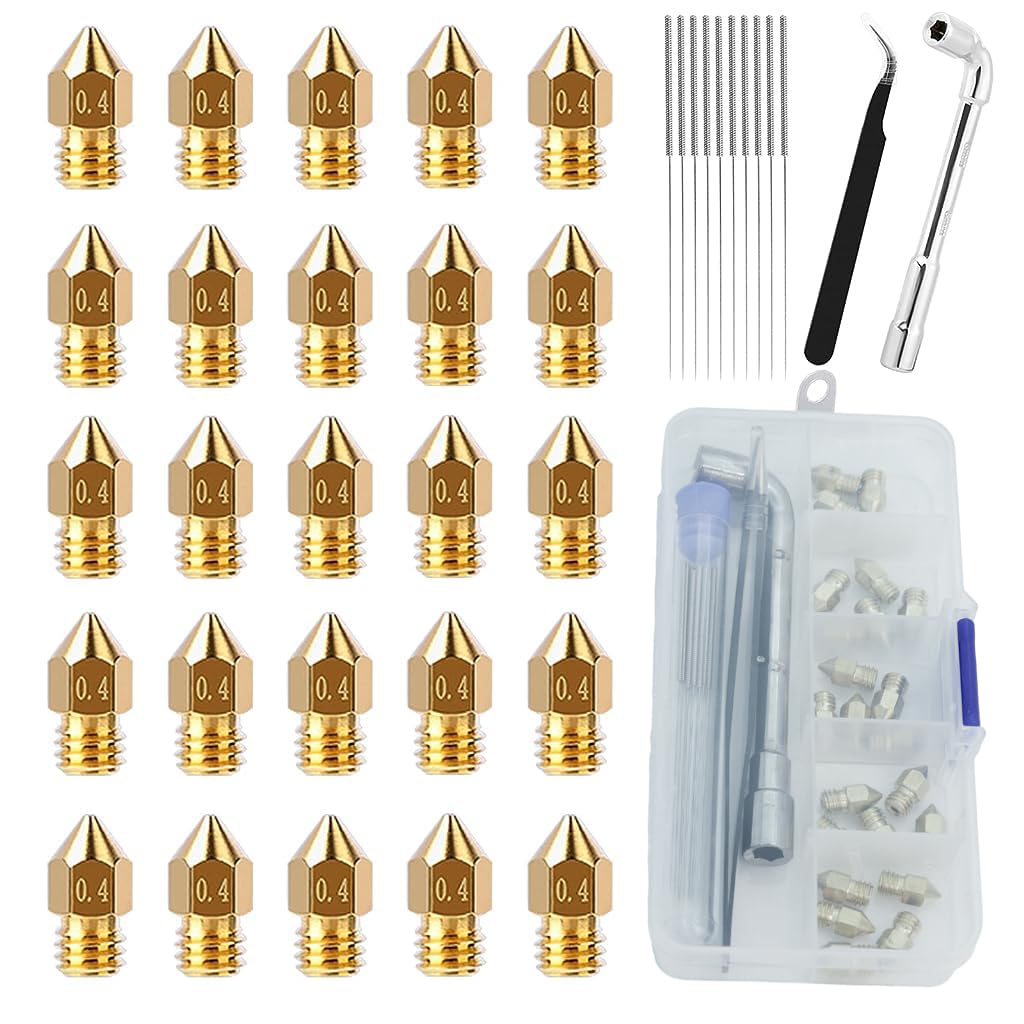 Serplex® 25Pcs 0.4mm MK8 Nozzles 3D Printer Extruder Nozzles 3D Printer Brass Hotend Nozzles with Box for Creality Ender 3/Ender 3 Pro/Ender 3 Max/Ender 5 Pro/Ender 3 S1/Ender 3 Neo/CR 10 Series