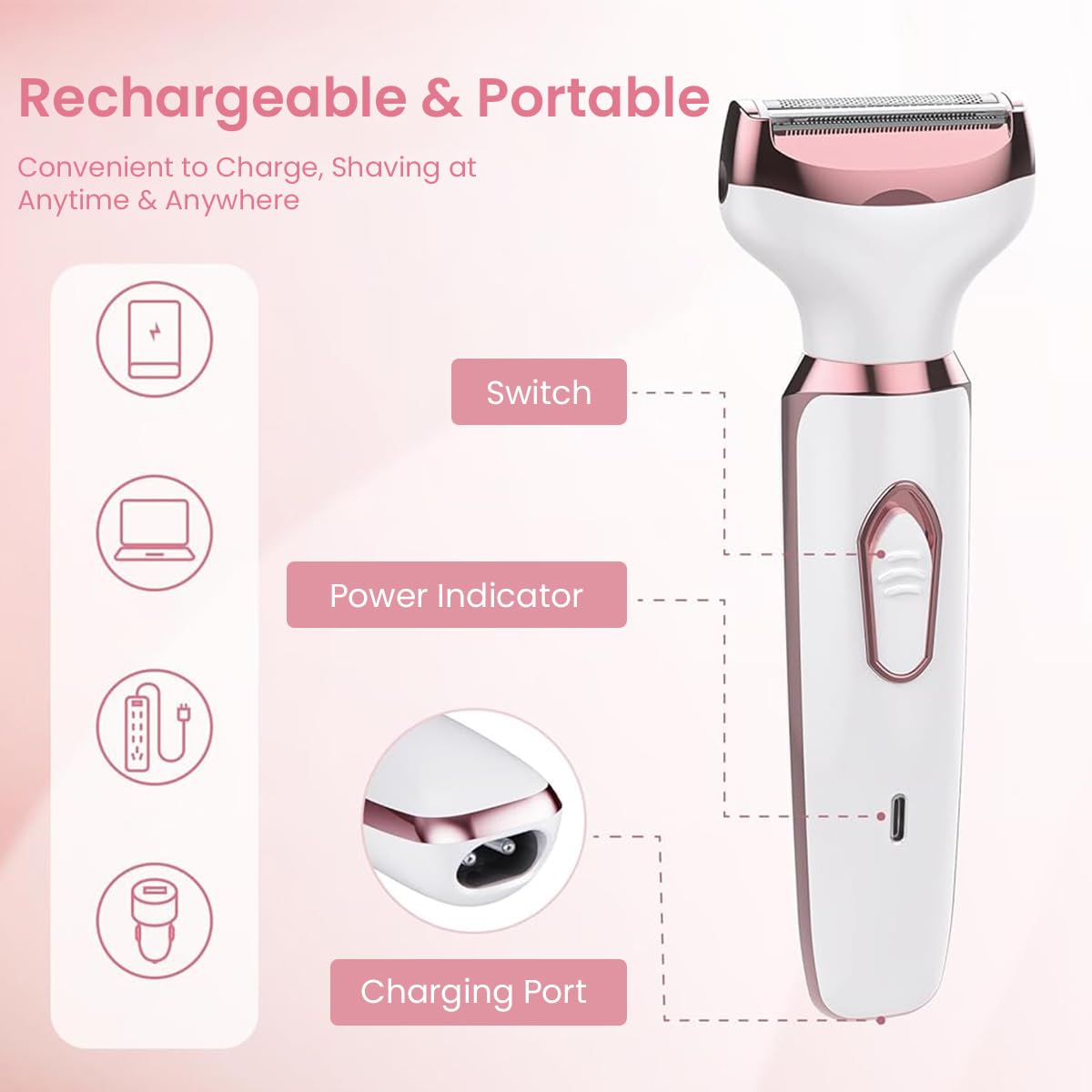 ZIBUYU 4 in 1 Trimmer for Women with Stainless Steel Blades and USB Rechargeable Design