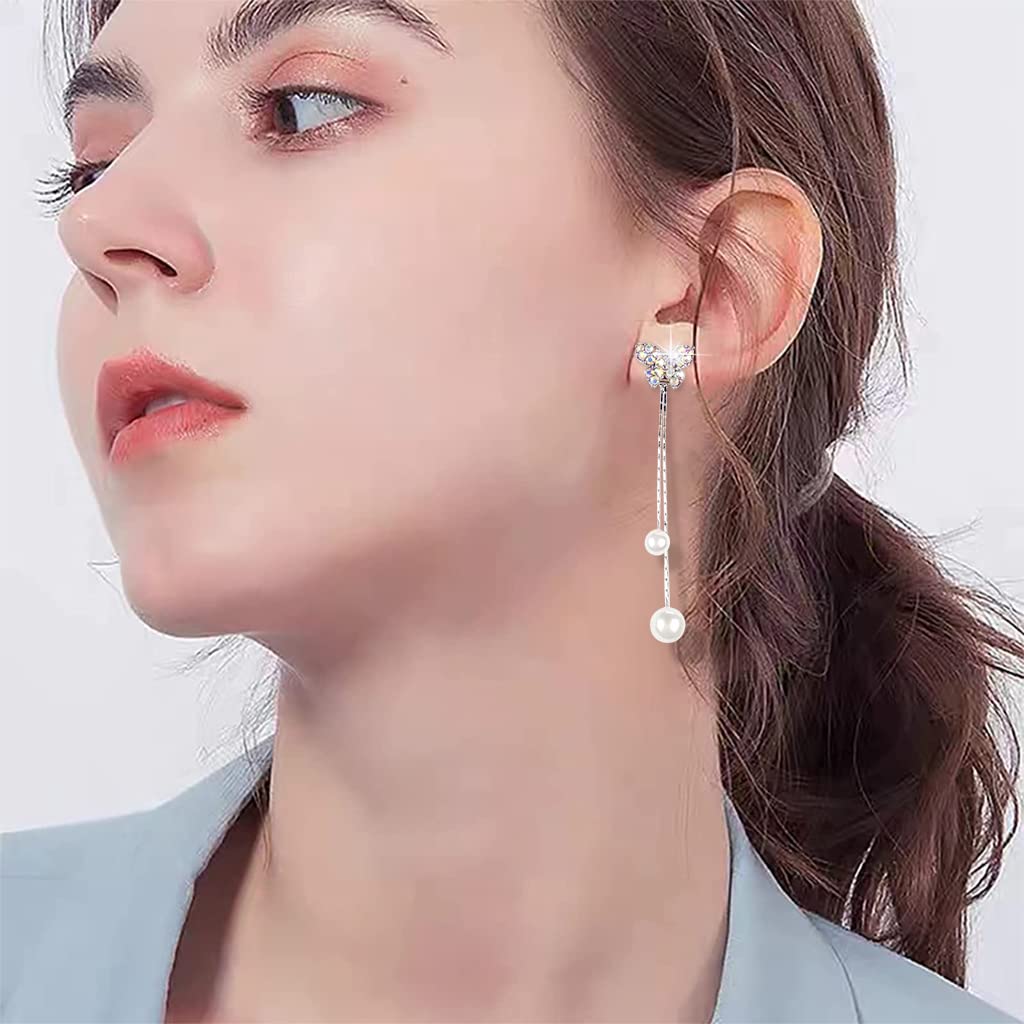 SANNIDHI Silver Earrings with Butterfly Tassel and Rhinestone Pearls for Women and Girls
