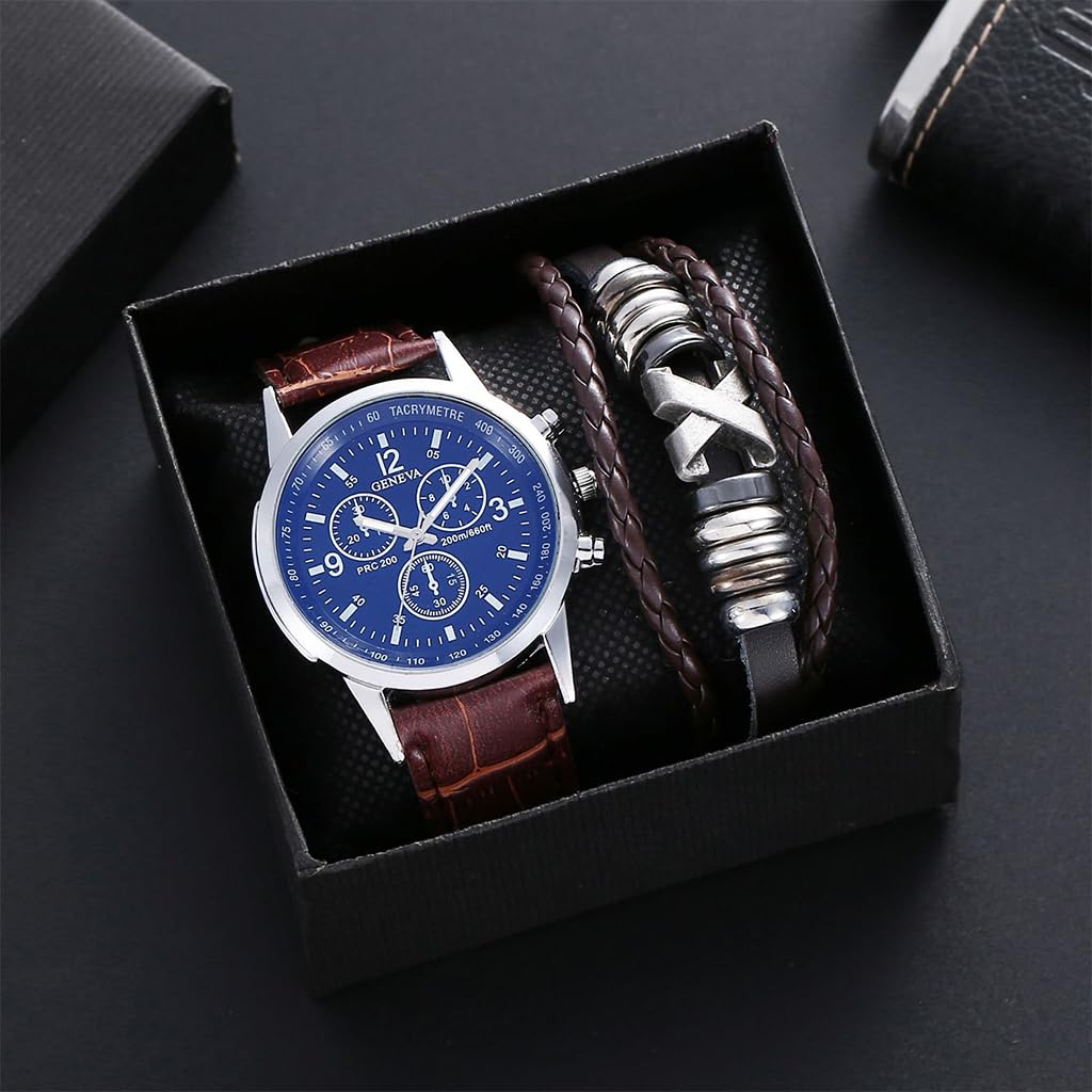 GUSTAVE Wrist Watch Gift Set for Men with Leather Band and Braided PU Bracelet | Elegant Gift Box