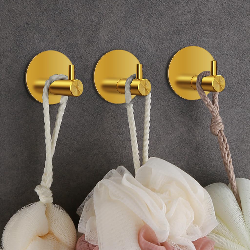 HASTHIP Self Adhesive Wall Hooks for Bathroom and Kitchen featuring 4PCS 0.5 Inch Golden Stainless Steel | Rustproof Waterproof Design