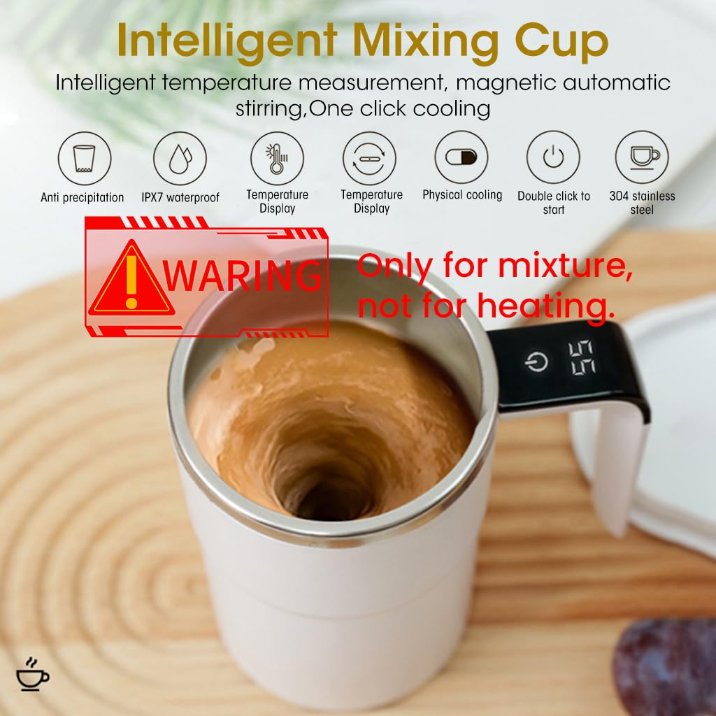 Supvox® Self Stirring Mug Rechargeable IP7 Coffee Mugs with LCD Temperature Display 380ml 304 Stainless Steel Auto Magnet Mug with Lid Mixing Cup for Coffee Tea Hot Chocolate Milk Cocoa Protein Powder