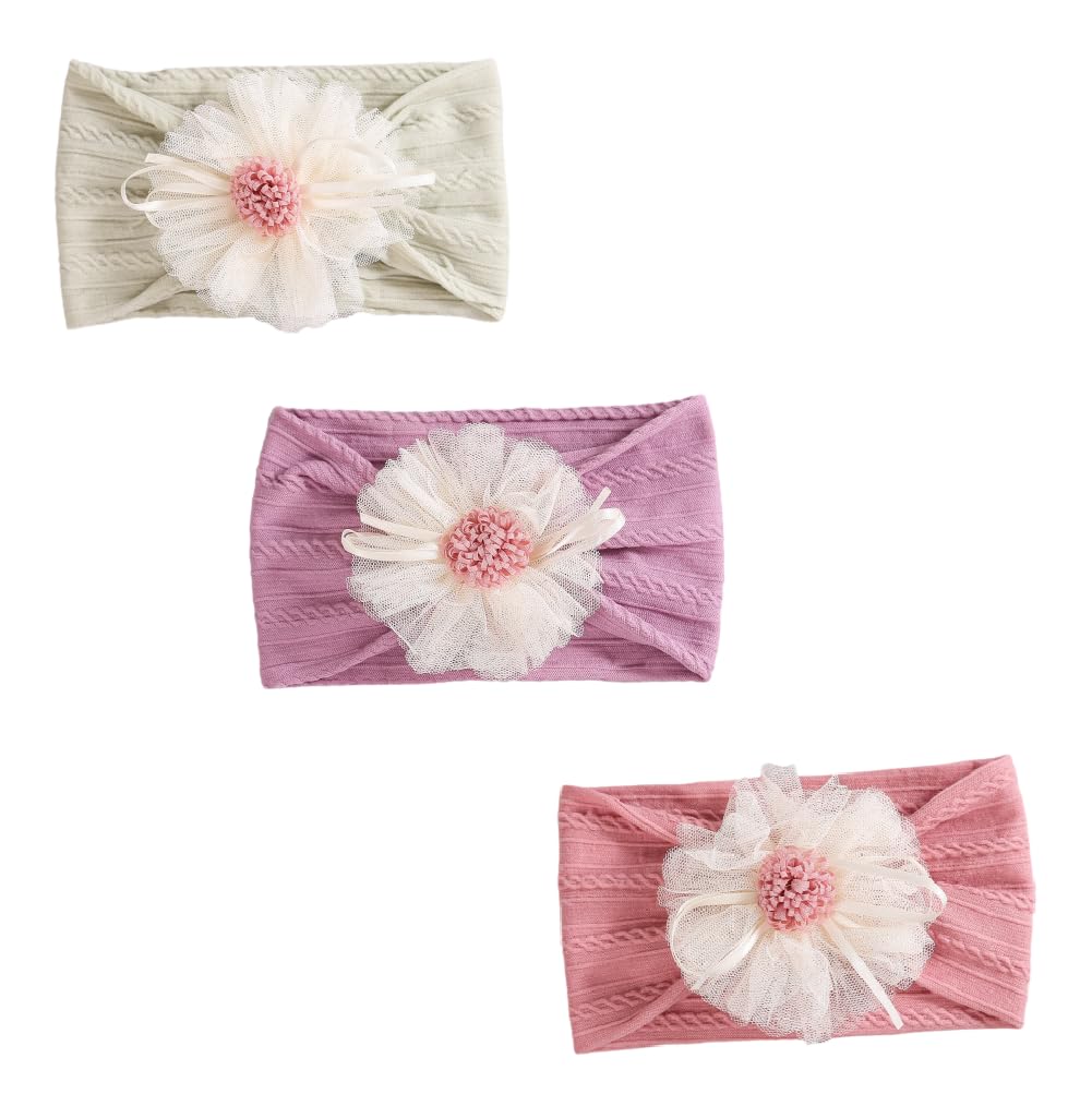 SNOWIE SOFT® 3Pcs Hair Bands for Baby Girls 0-24 Months, 3-Color Nylon Turban Knotted Light Green Purple Pink Bow Baby Girl Hair Bands, Super Soft and Stretchy Headbands for Girl - Accessories