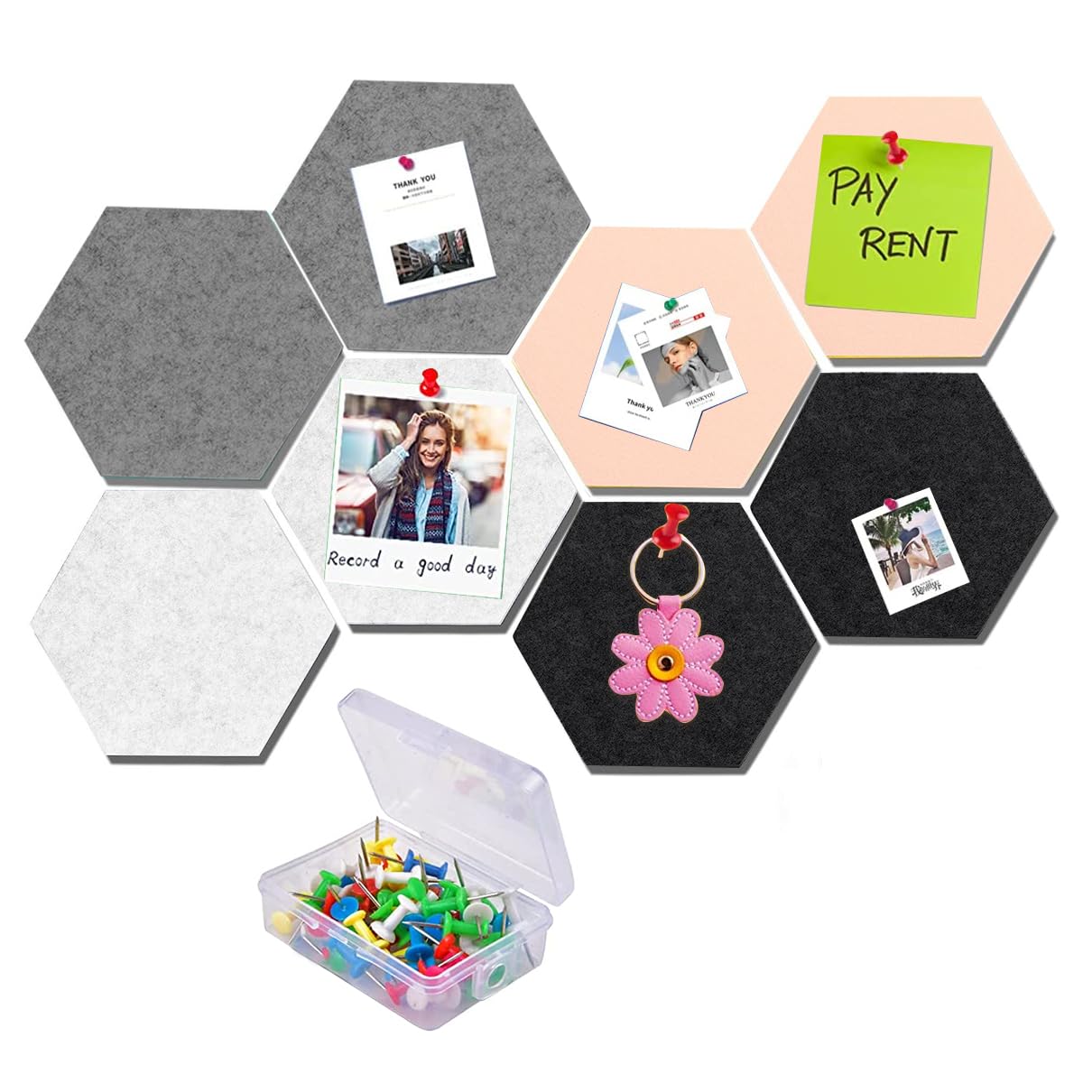 Climberty® 8Pcs Hexagon Bulletin Board with 30pcs Thumbtack - Durable Felt Board for Messages, Reminders, and Accessories Storage - Self-Adhesive and Decorative - Ideal for Home and Office Use