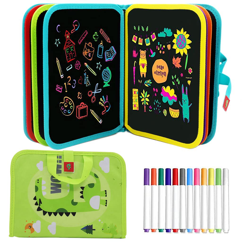 PATPAT® Erasable Doodle Book for Kids Big Size, Magical Drawing Book 14 Pages Reusable Drawing Pads with 12 Water-Soluble Chalk Markers, Portable Busy Board Drawing Board for Kids Boys Girls