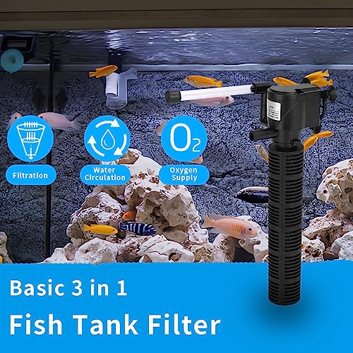 Qpets® 3 in 1 Aquarium Filter with Oxygen Supply Quiet 98 Gallon Per Hour Fish Tank Aquarium Filter for 20-60L Fish Tank Small Medium Fish Tank Filter Wall Hanging Aquarium Filter